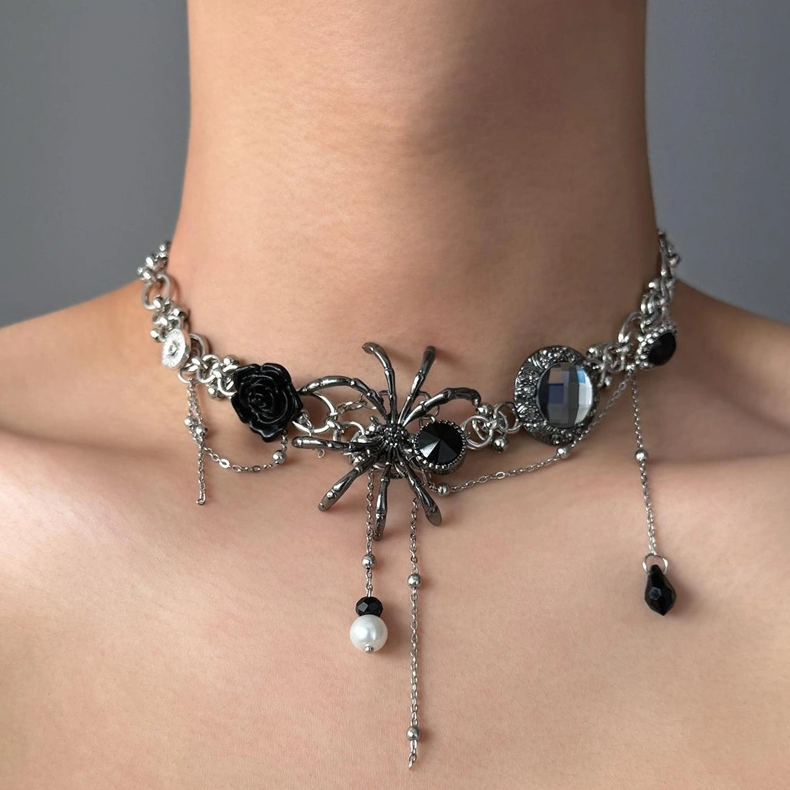 Accessories Black Spider Zircon Fringe Choker