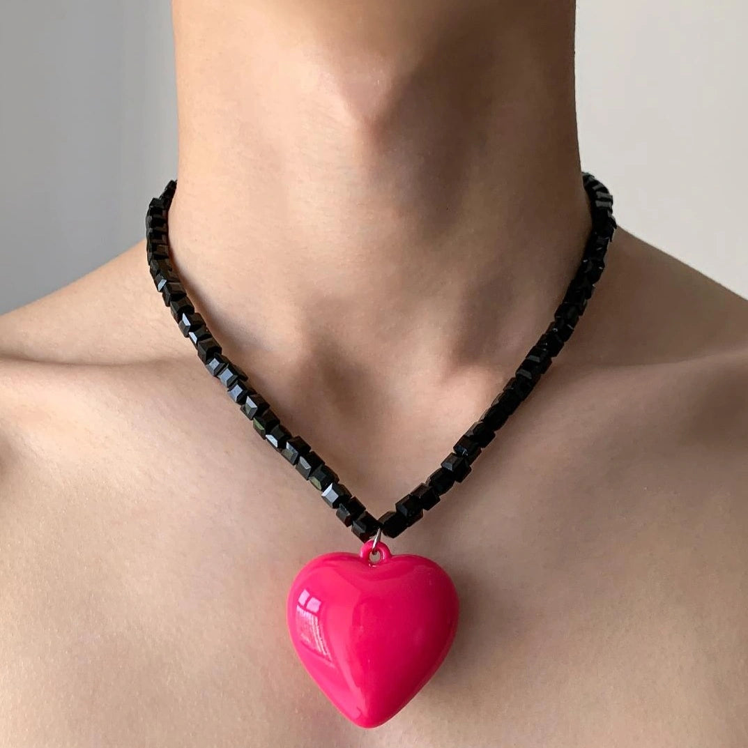 Accessories Black Stone Pink Heart Pendant Necklace