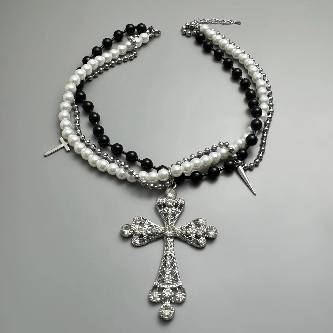 Accessories Black White Cross Beaded Rivet Fringe Choker Necklace