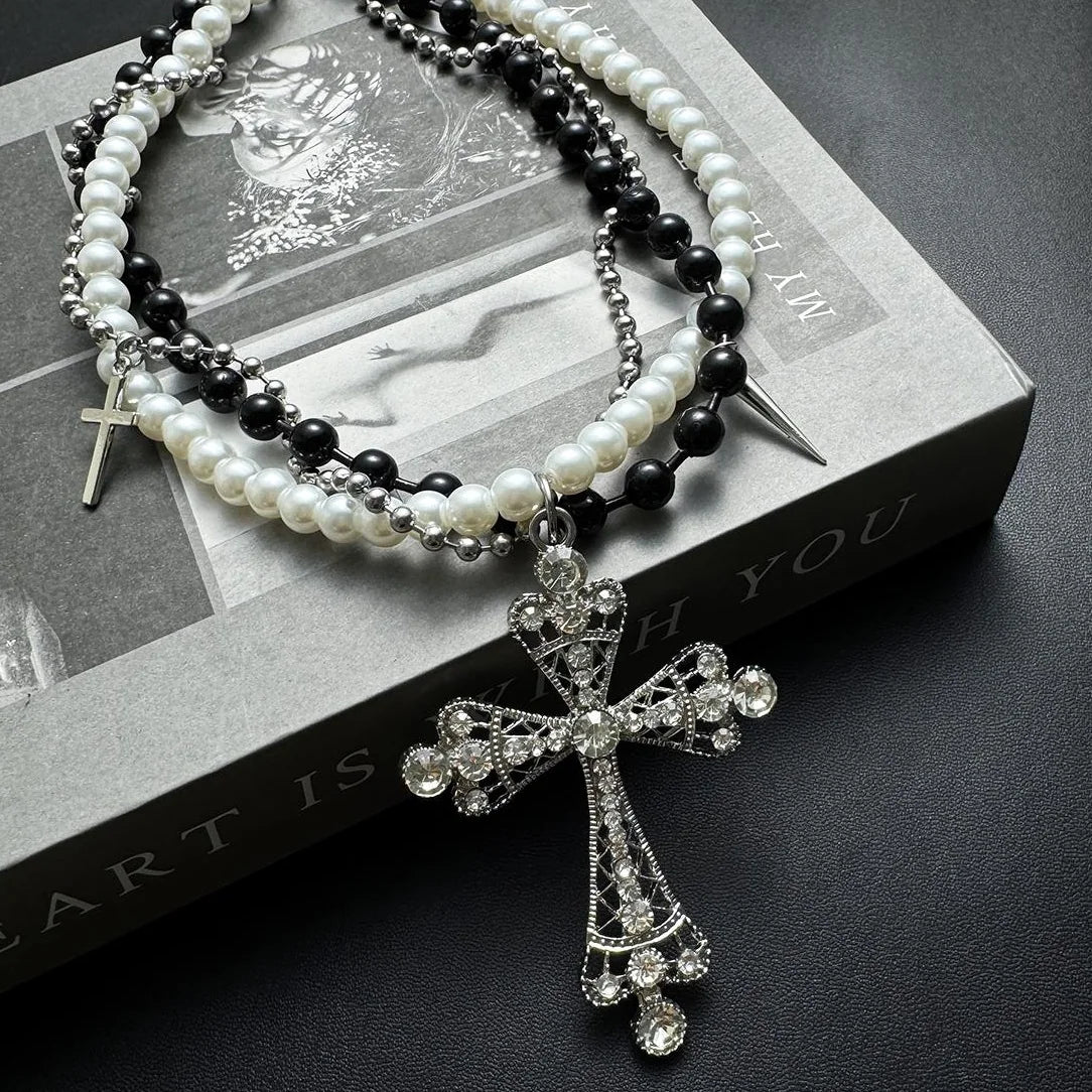 Accessories Black White Cross Beaded Rivet Fringe Choker Necklace