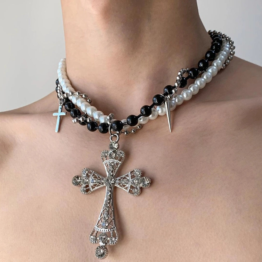 Accessories Black White Cross Beaded Rivet Fringe Choker Necklace