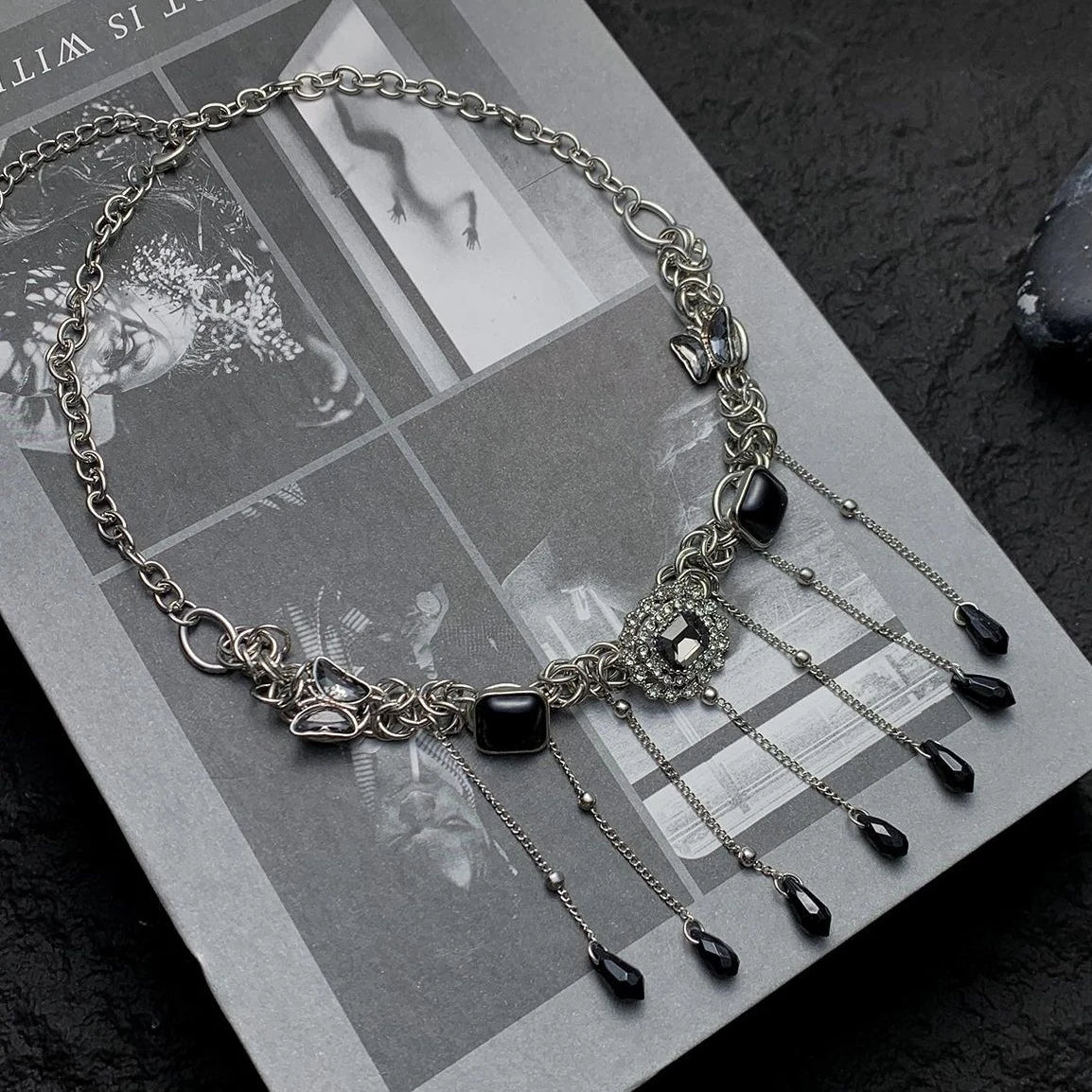 Accessories Black Zirconia Fringe Butterfly Choker Necklace