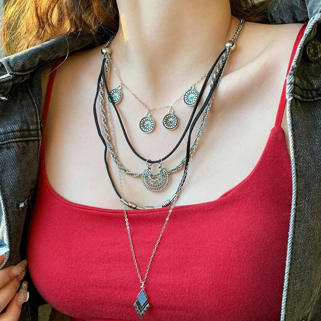 Accessories Bohemian Layered Necklace Long Distressed Leather Cord