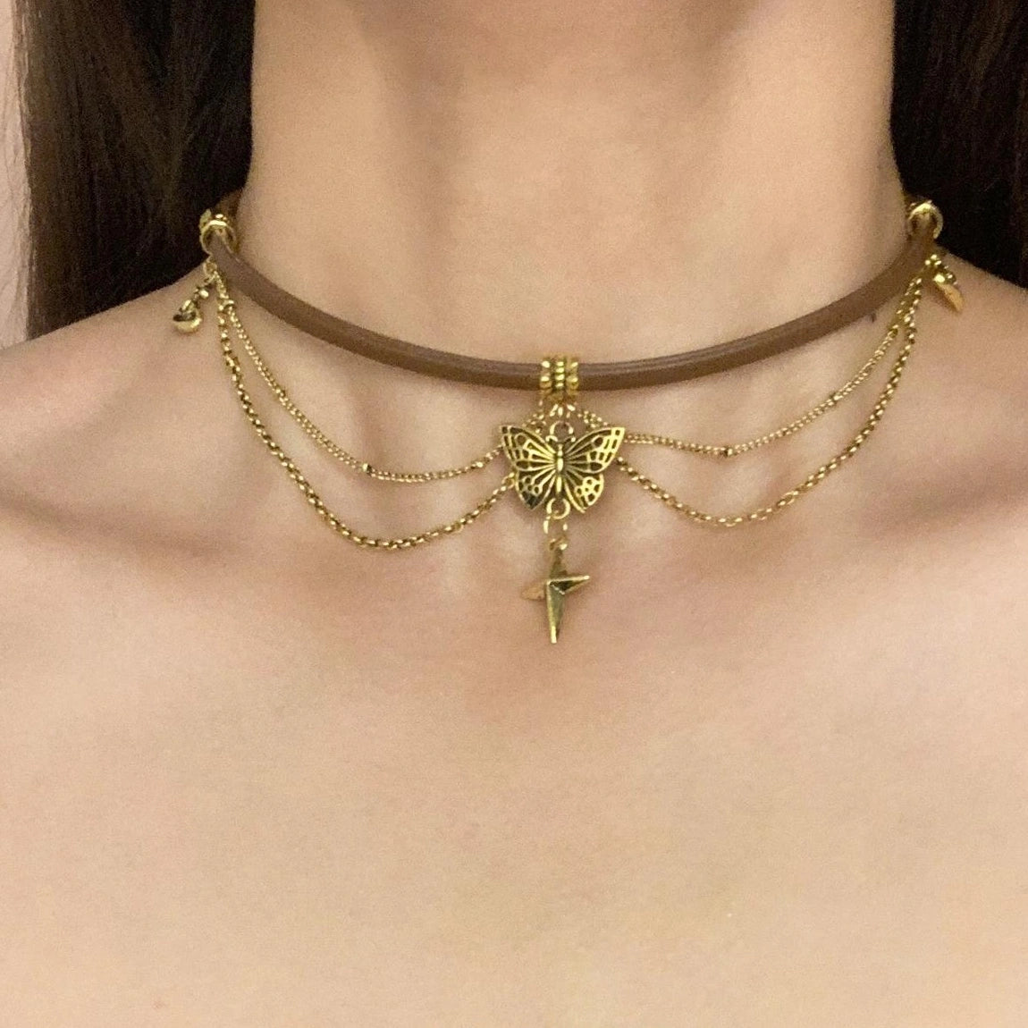 Accessories Brown Leather Butterfly Lariat Choker Necklace