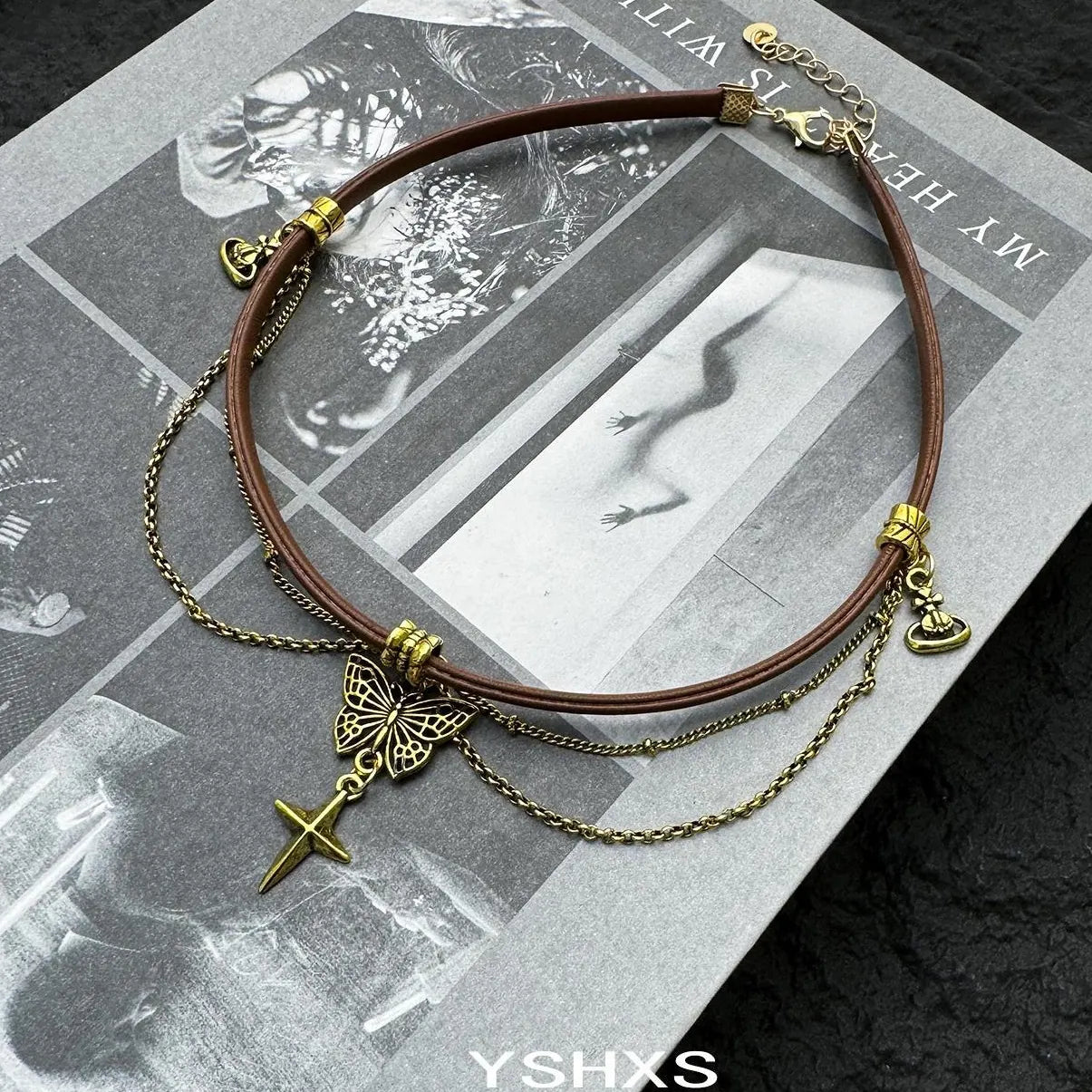 Accessories Brown Leather Butterfly Lariat Choker Necklace