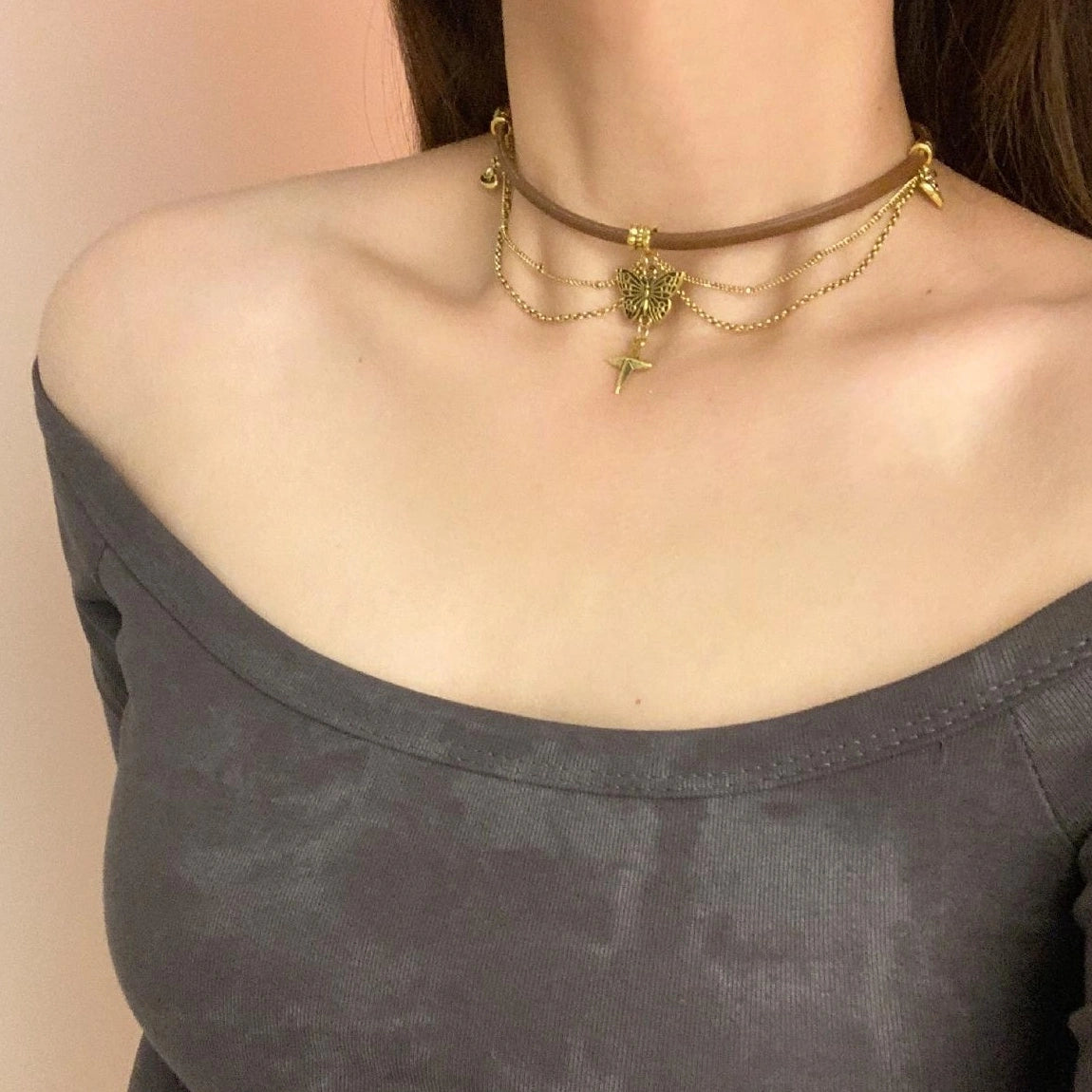 Accessories Brown Leather Butterfly Lariat Choker Necklace
