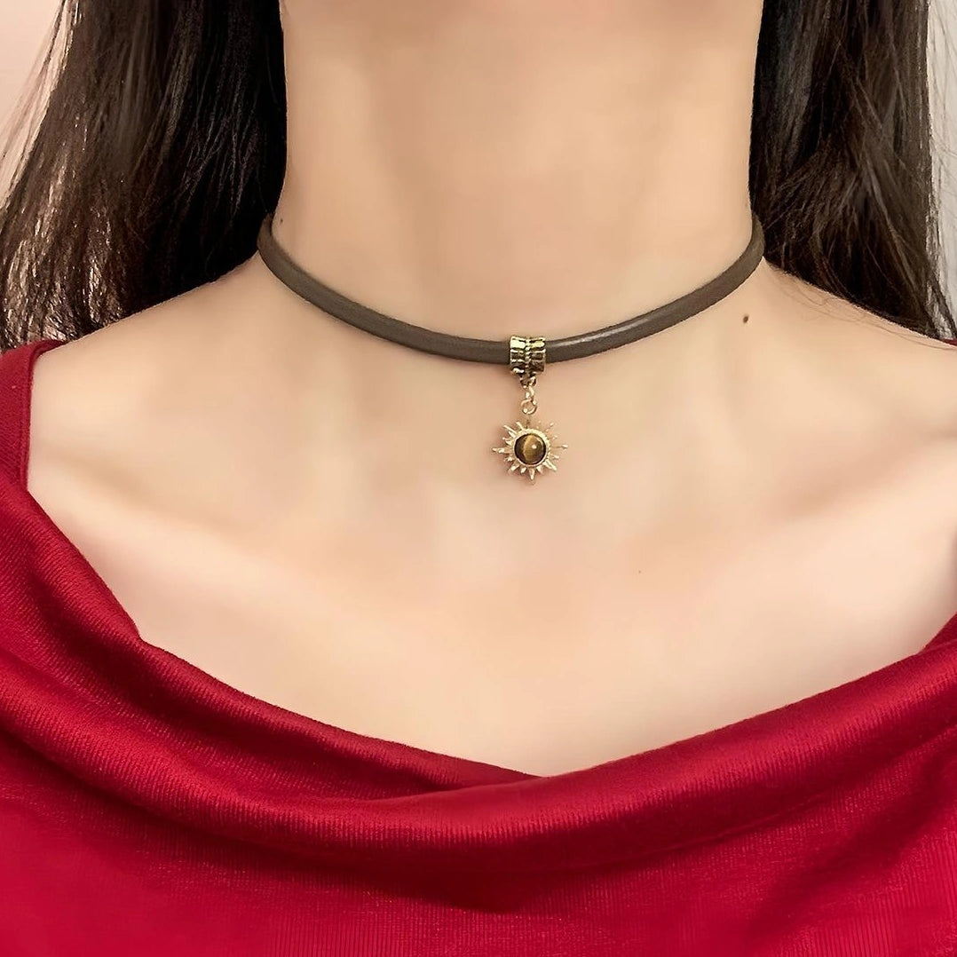 Accessories Brown Leather Sunstone Tiger Eye Choker Necklace