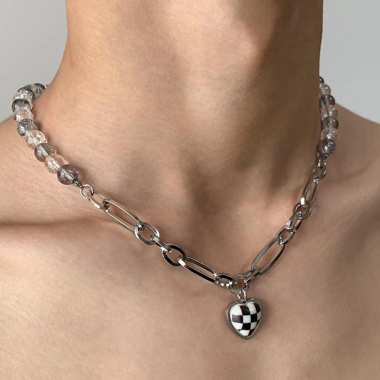 Accessories Checkerboard Heart Pendant Beaded Necklace