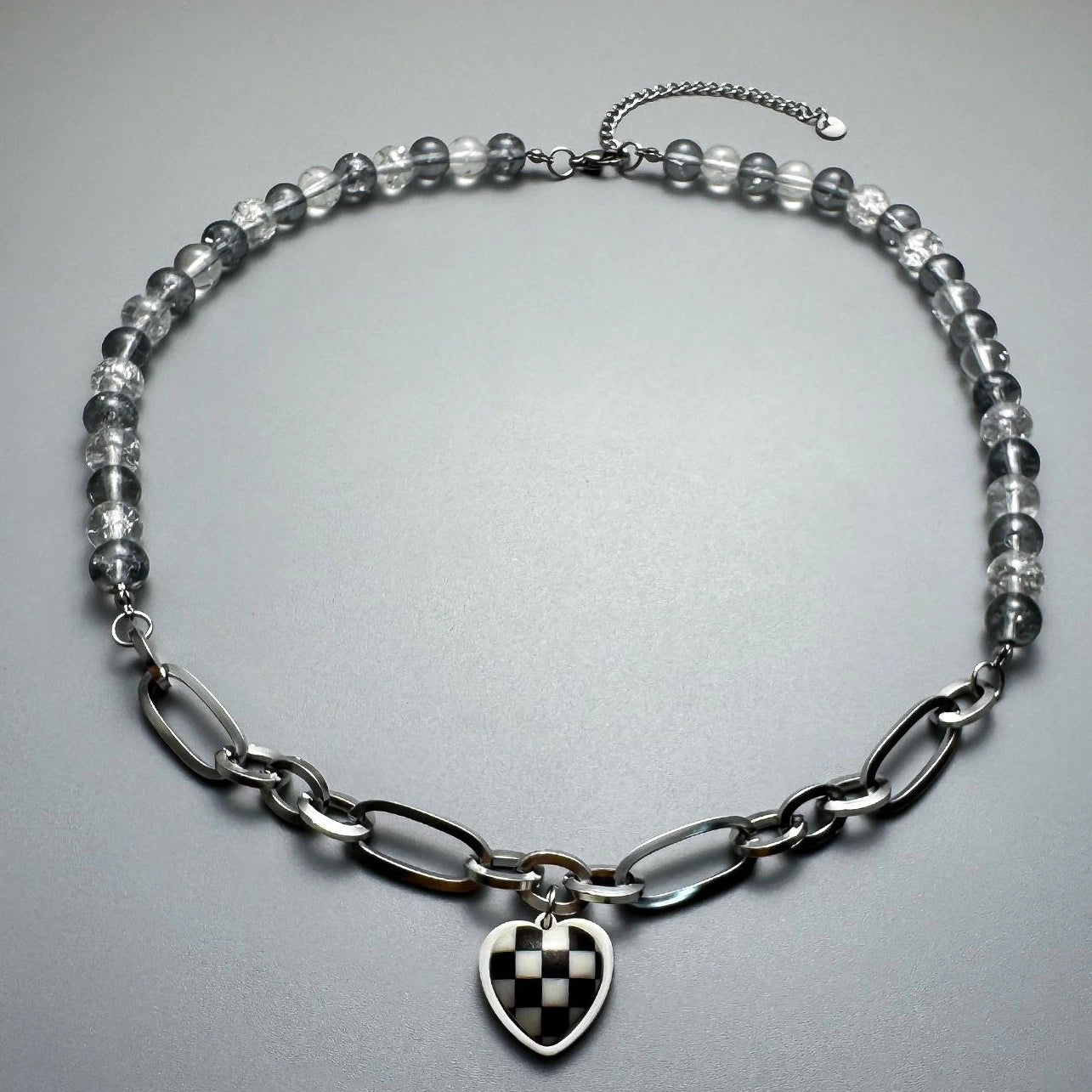 Accessories Checkerboard Heart Pendant Beaded Necklace