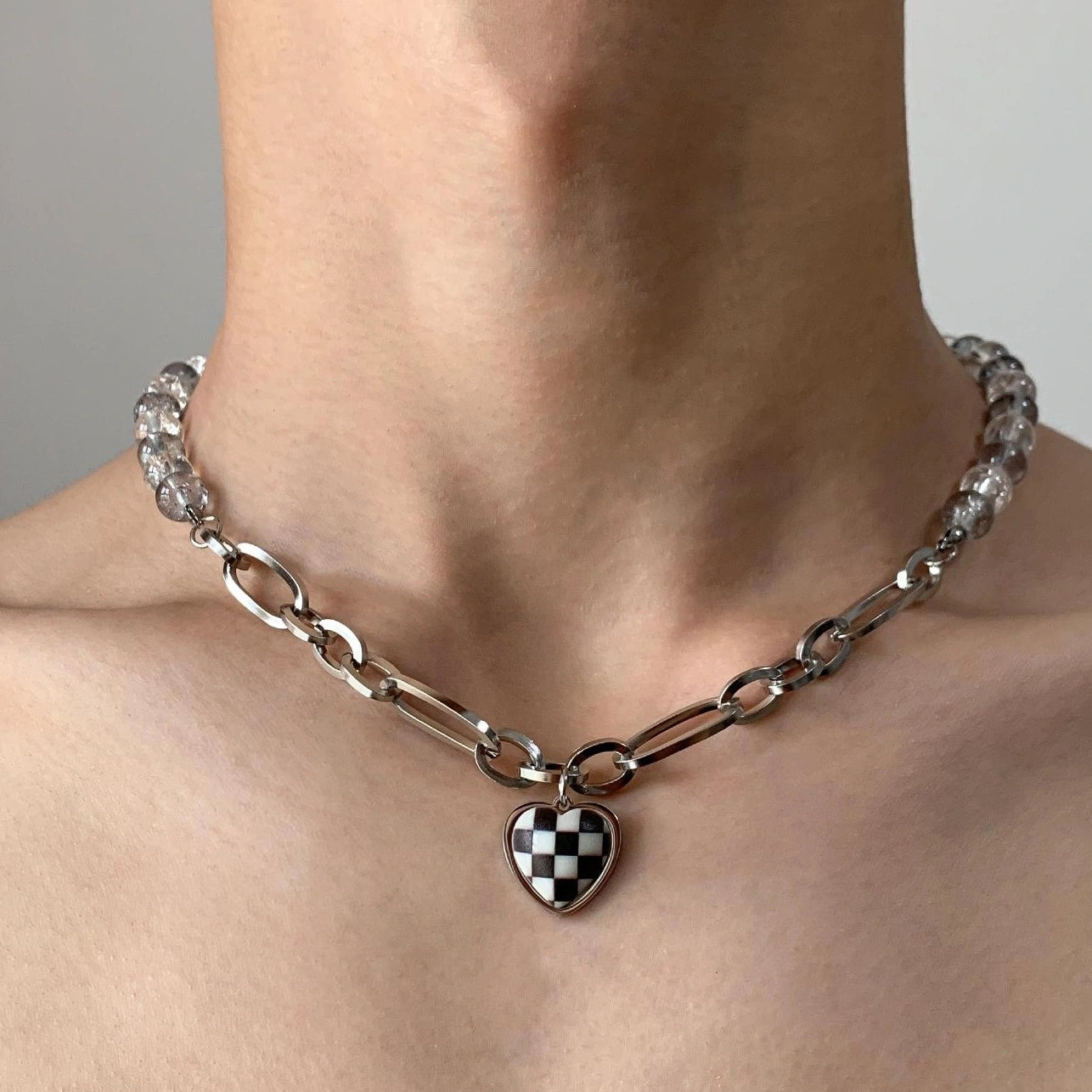 Accessories Checkerboard Heart Pendant Beaded Necklace