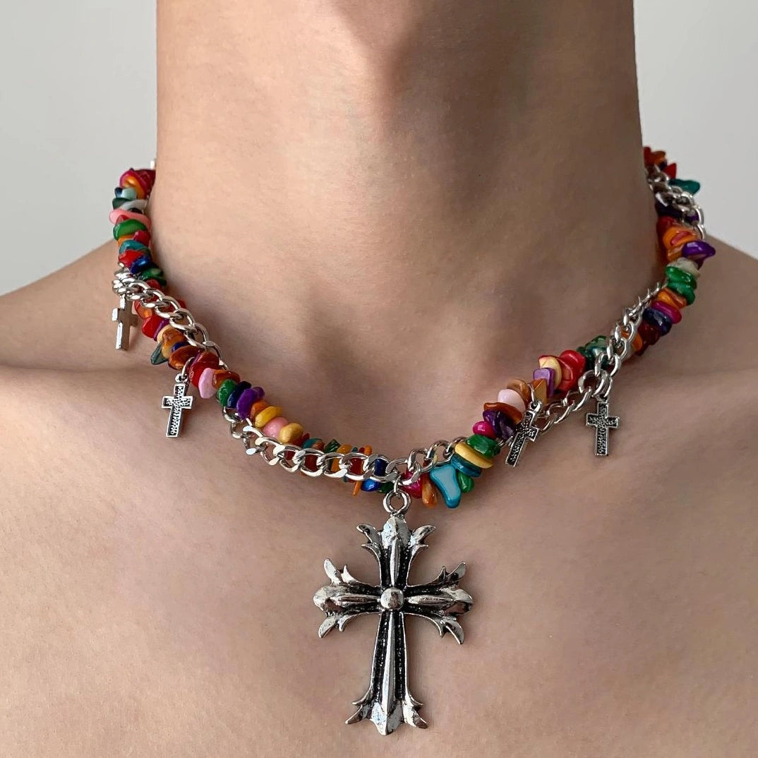 Accessories Colorful Irregular Gravel Chain Cross Necklace