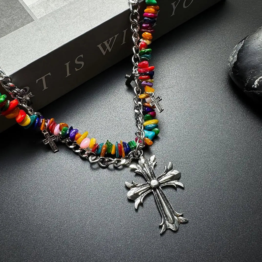 Accessories Colorful Irregular Gravel Chain Cross Necklace
