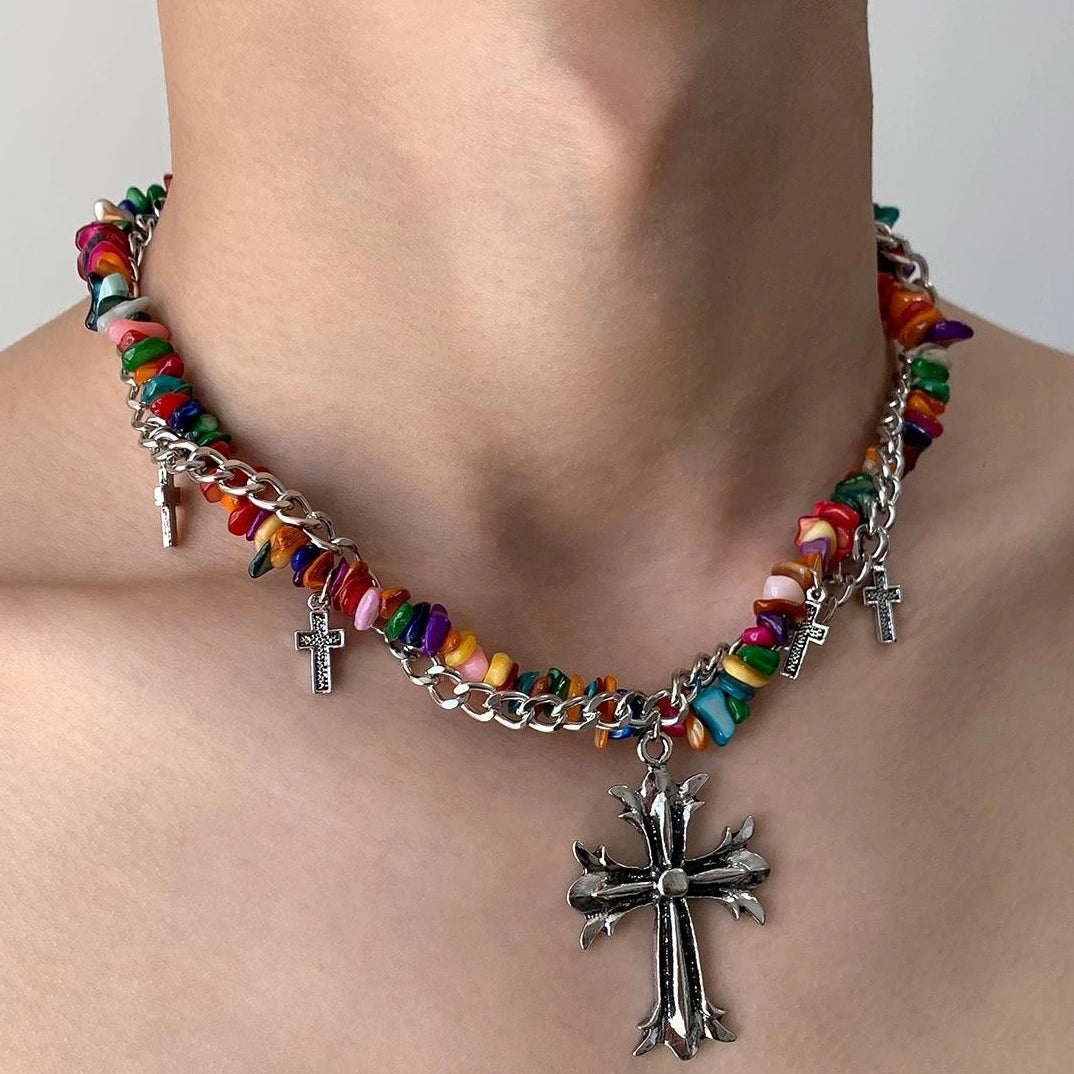 Accessories Colorful Irregular Gravel Chain Cross Necklace