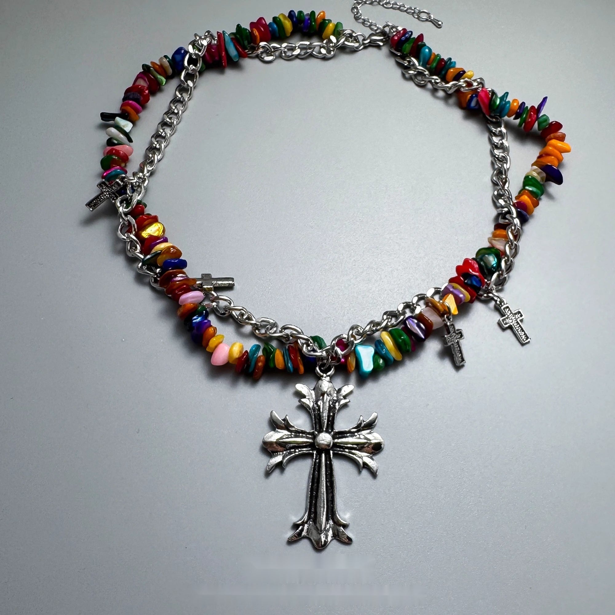 Accessories_Colorful_Irregular_Gravel_Chain_Cross_Necklace_MISSTT