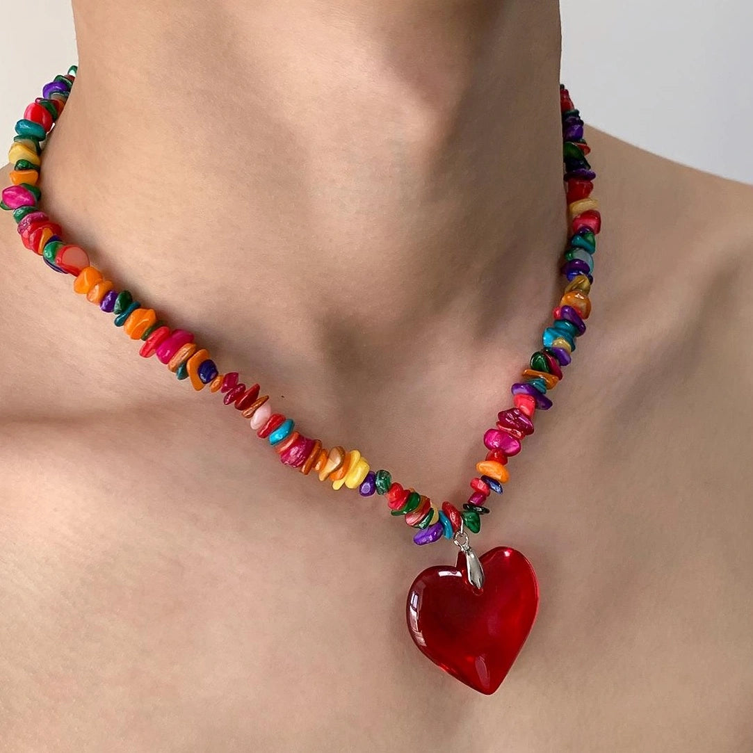 Accessories Colorful Stone Dopamine Red Heart Pendant Necklace