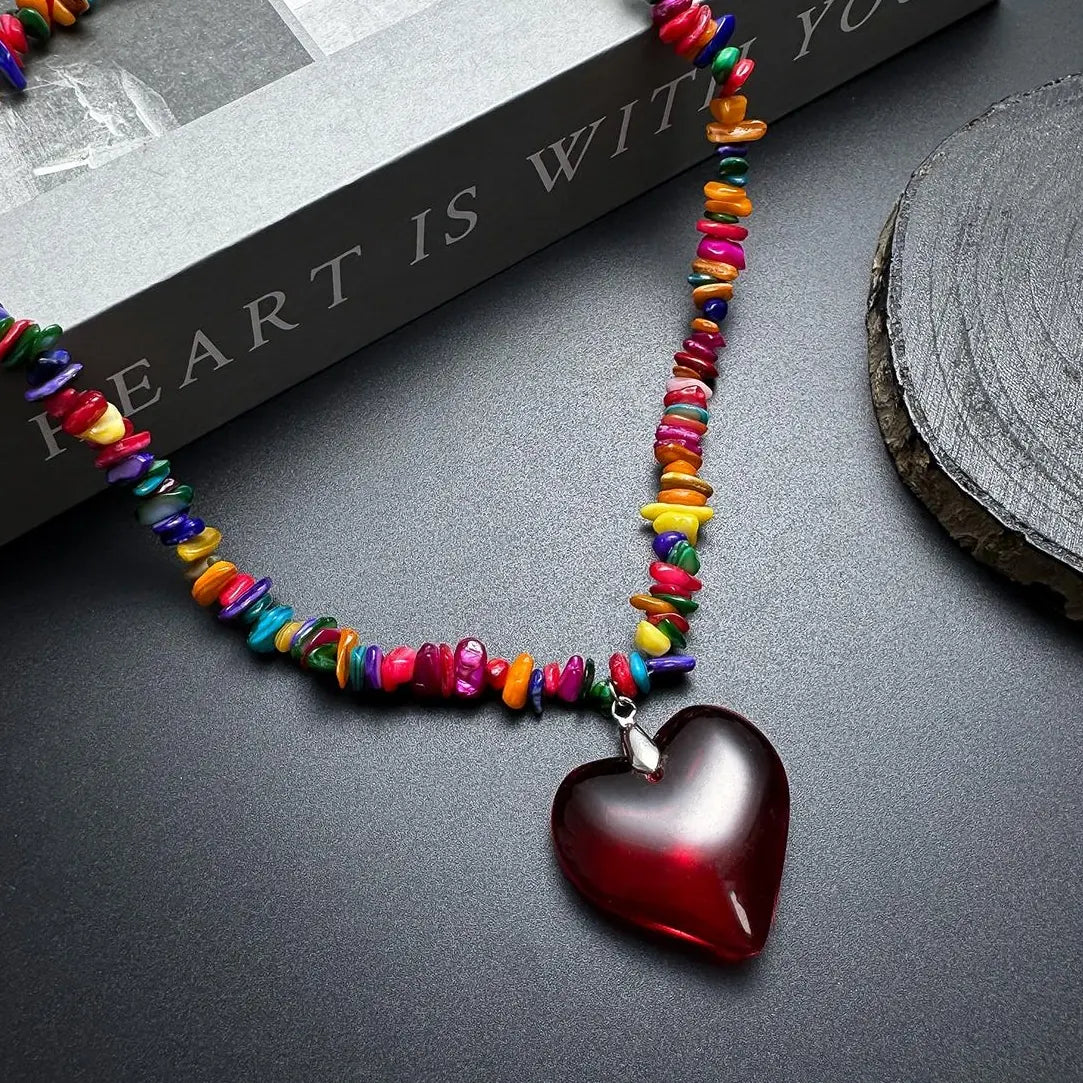 Accessories Colorful Stone Dopamine Red Heart Pendant Necklace