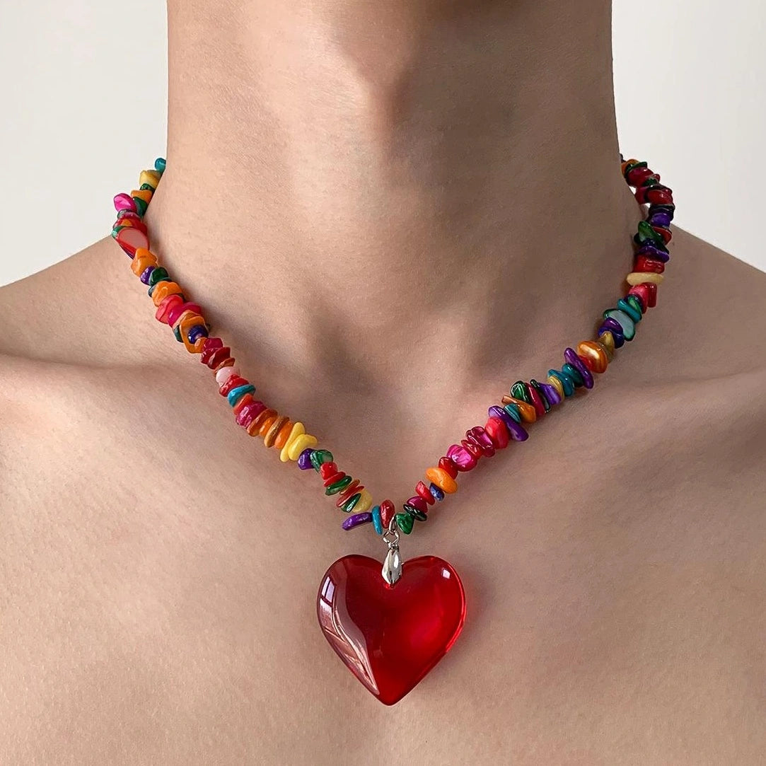 Accessories Colorful Stone Dopamine Red Heart Pendant Necklace
