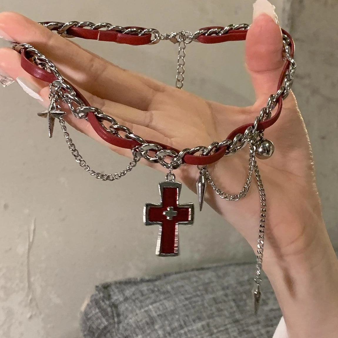 Accessories Cross Rivet Lace Choker With Y2K Fringe