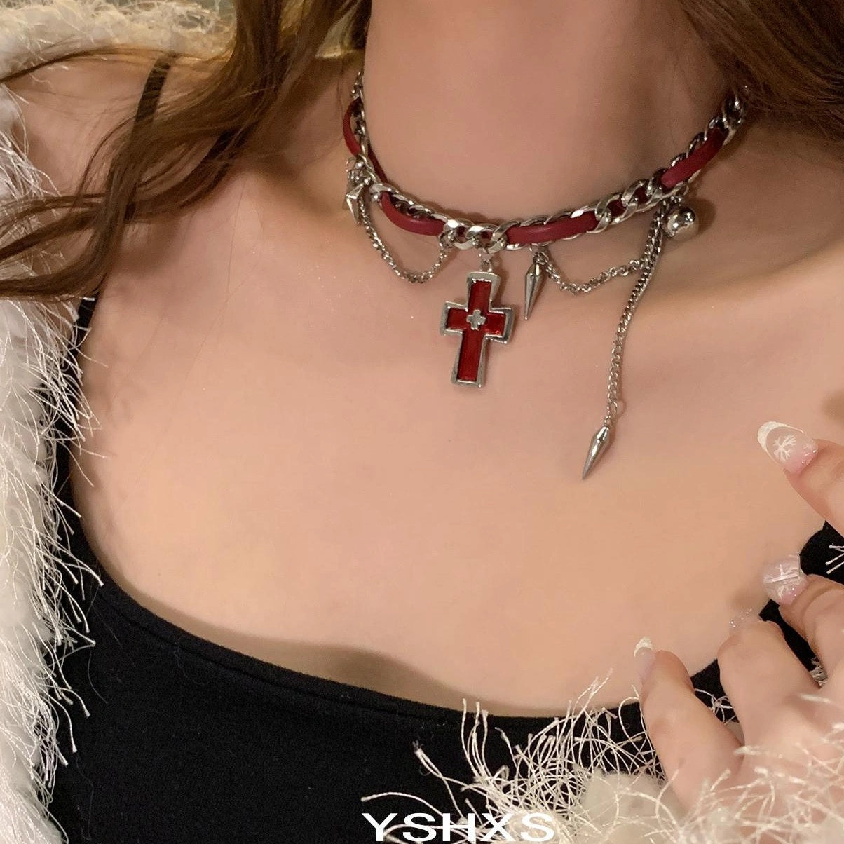 Accessories Cross Rivet Lace Choker With Y2K Fringe