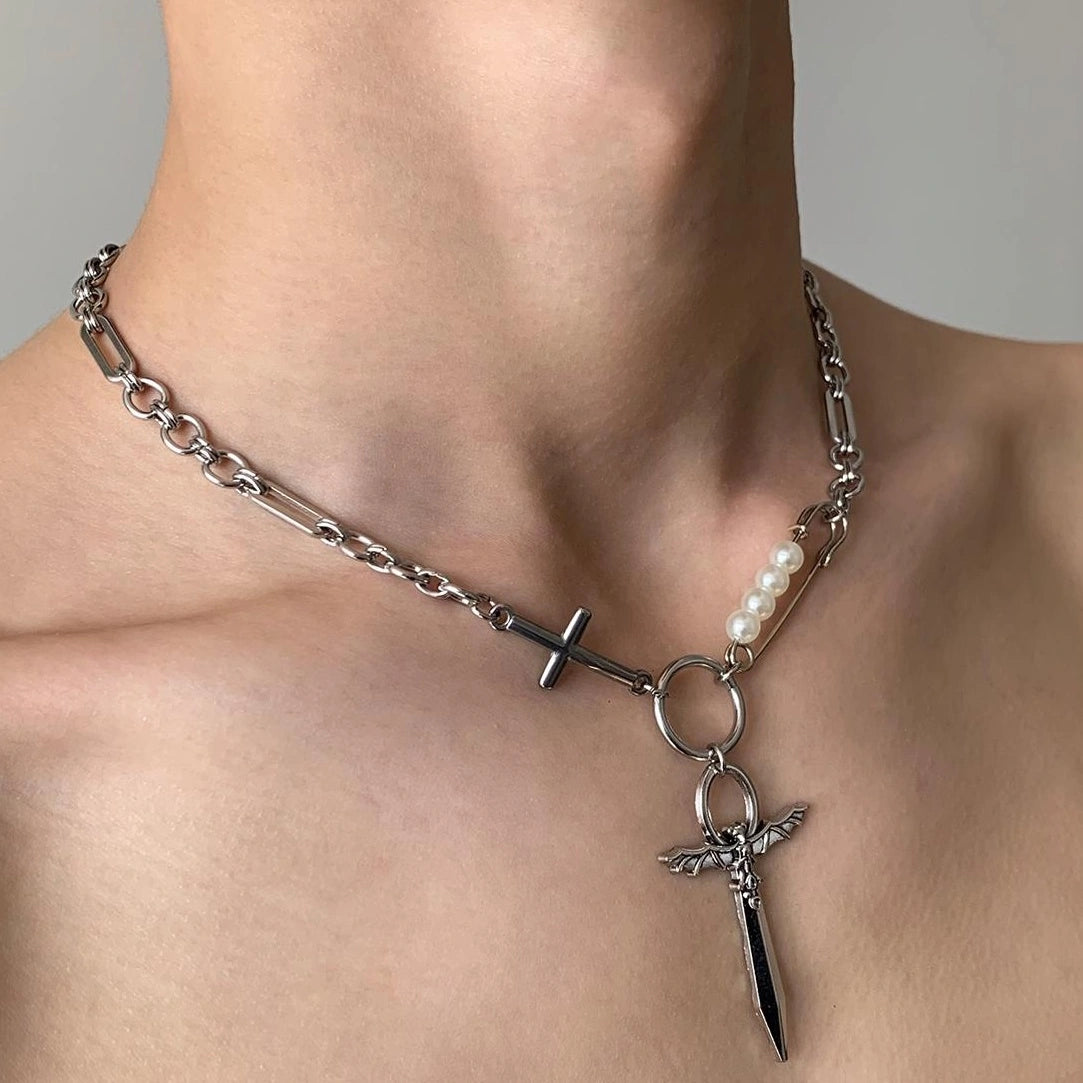 Accessories Cross Sword Pearl Pendant Punk Collar Necklace