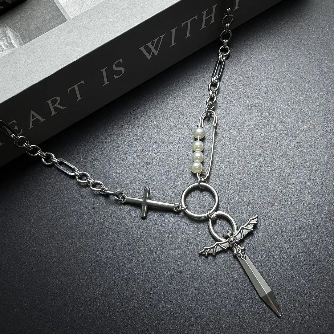 Accessories Cross Sword Pearl Pendant Punk Collar Necklace