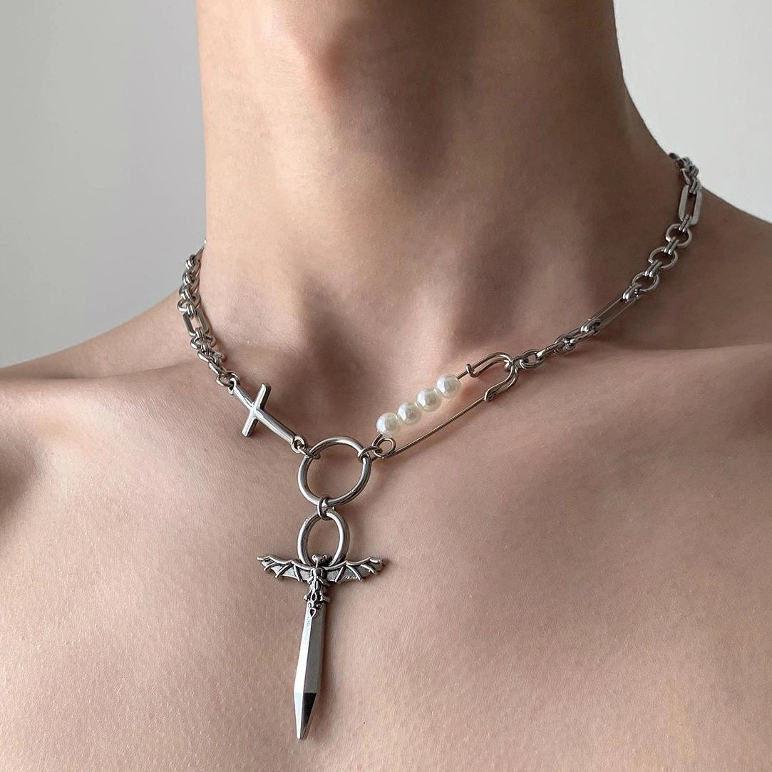 Accessories Cross Sword Pearl Pendant Punk Collar Necklace