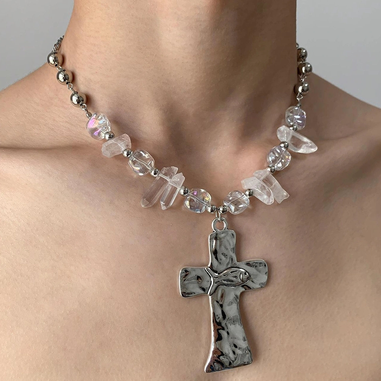 Accessories Crystal Beaded Cross Choker Necklace