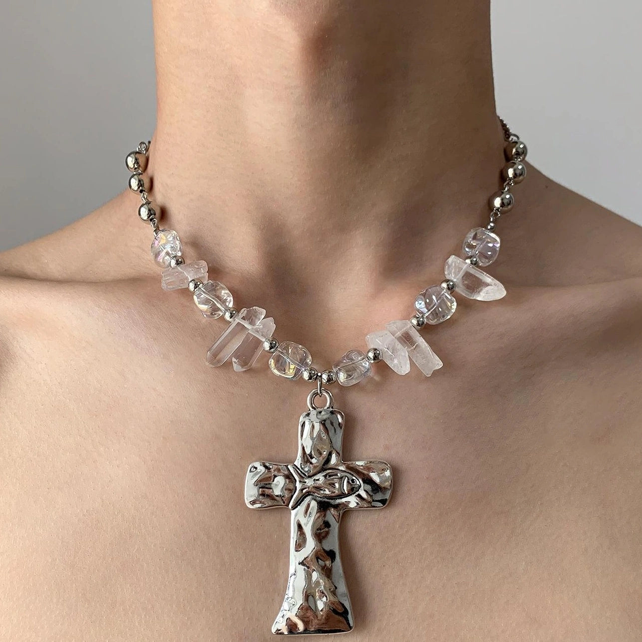 Accessories Crystal Beaded Cross Choker Necklace