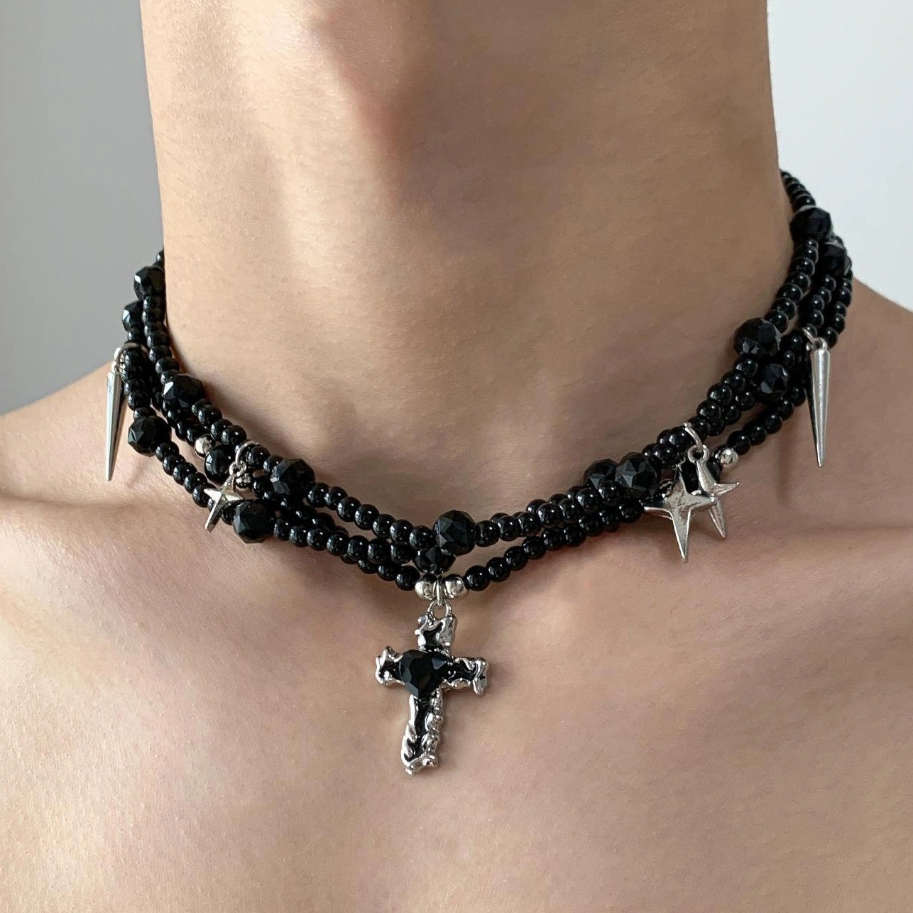 Accessories Crystal Cross Multi Layer Fringe Choker Necklace