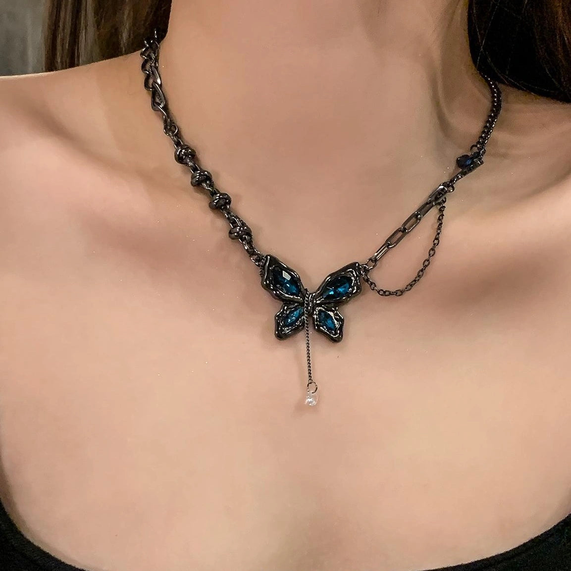 Dark Blue Zircon Butterfly Pendant Necklace