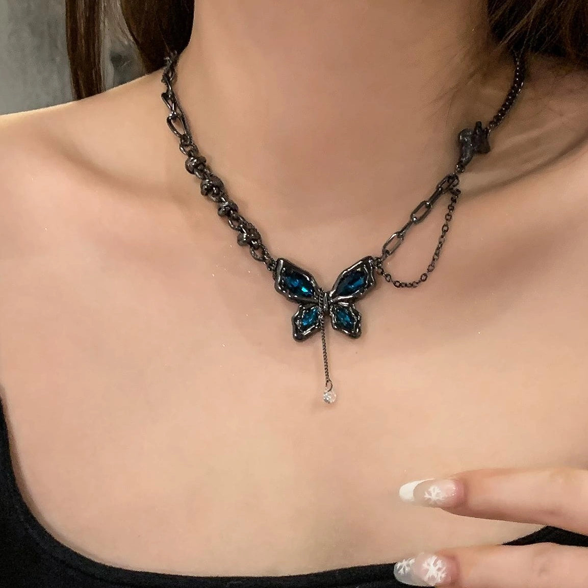 Dark Blue Zircon Butterfly Pendant Necklace
