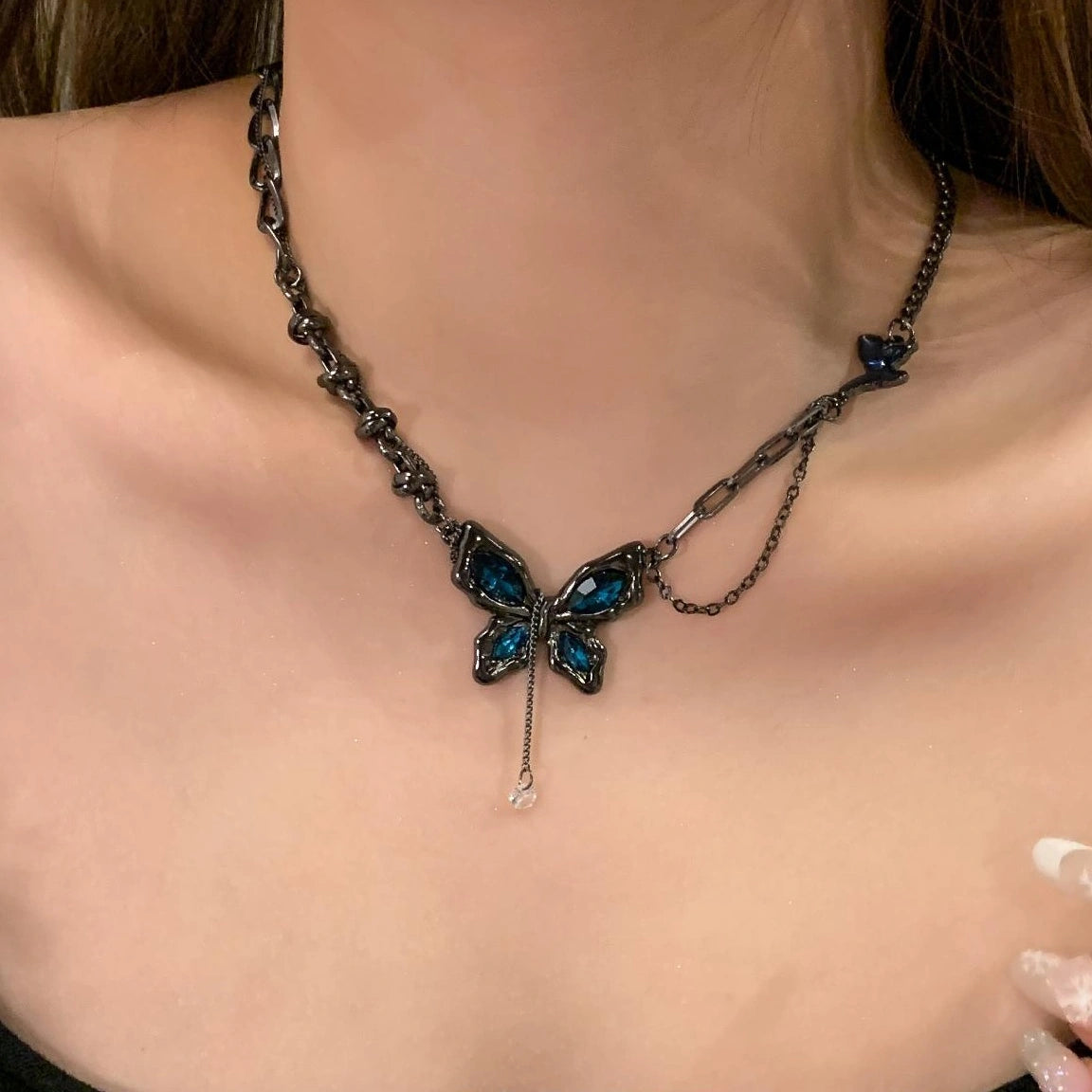 Accessories Dark Blue Zircon Butterfly Pendant Necklace