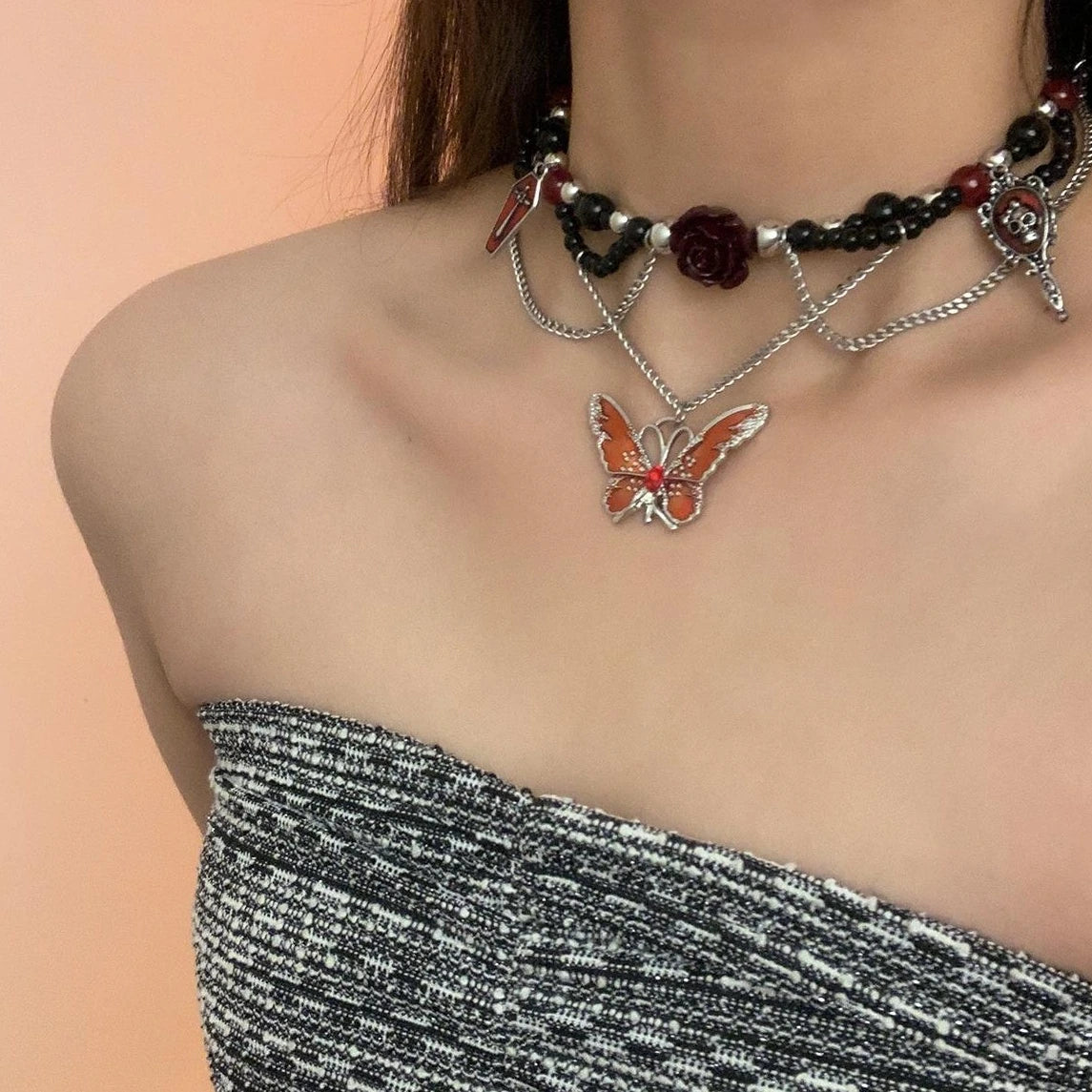 Accessories Dark Butterfly Floral Beaded Gothic Choker Necklace
