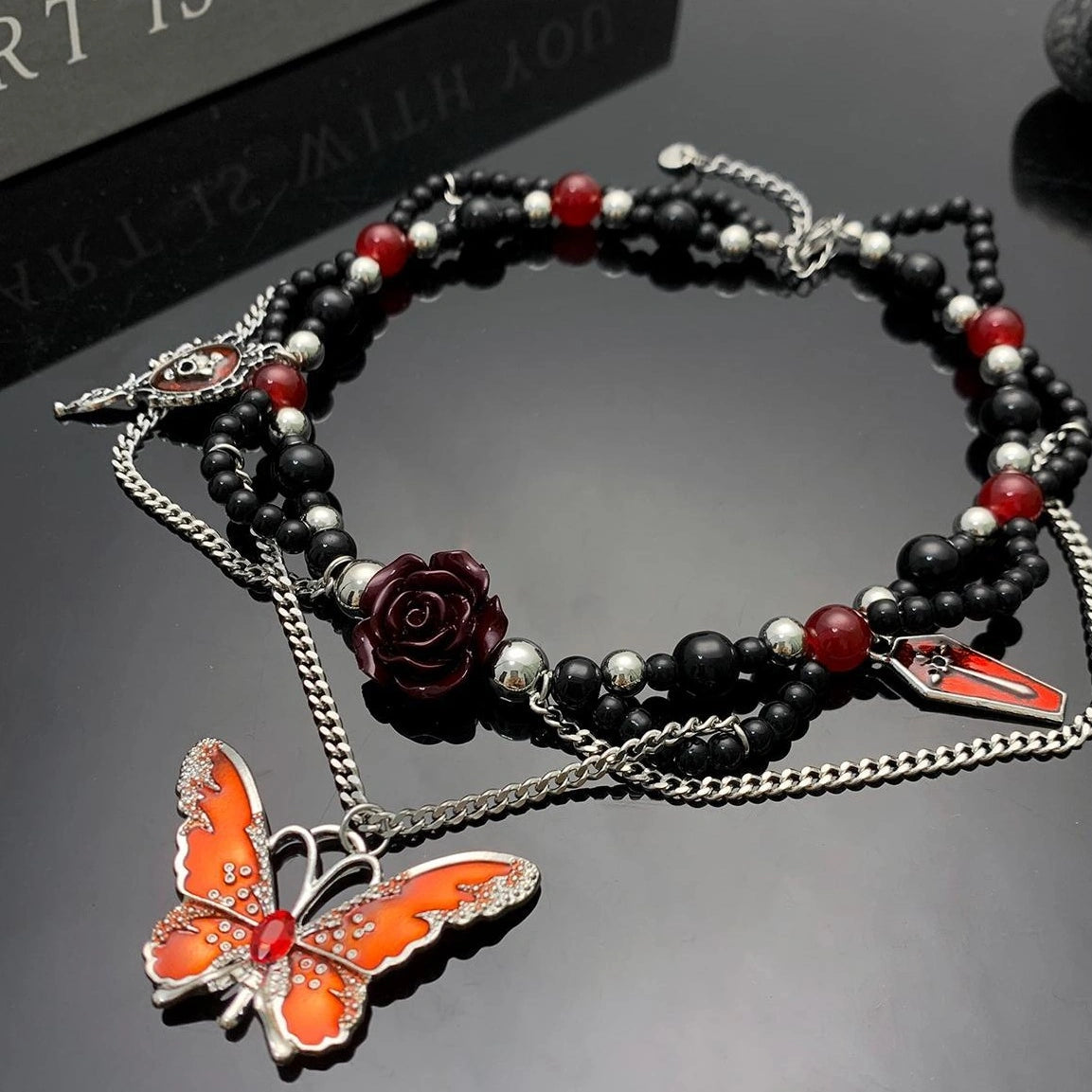 Accessories Dark Butterfly Floral Beaded Gothic Choker Necklace