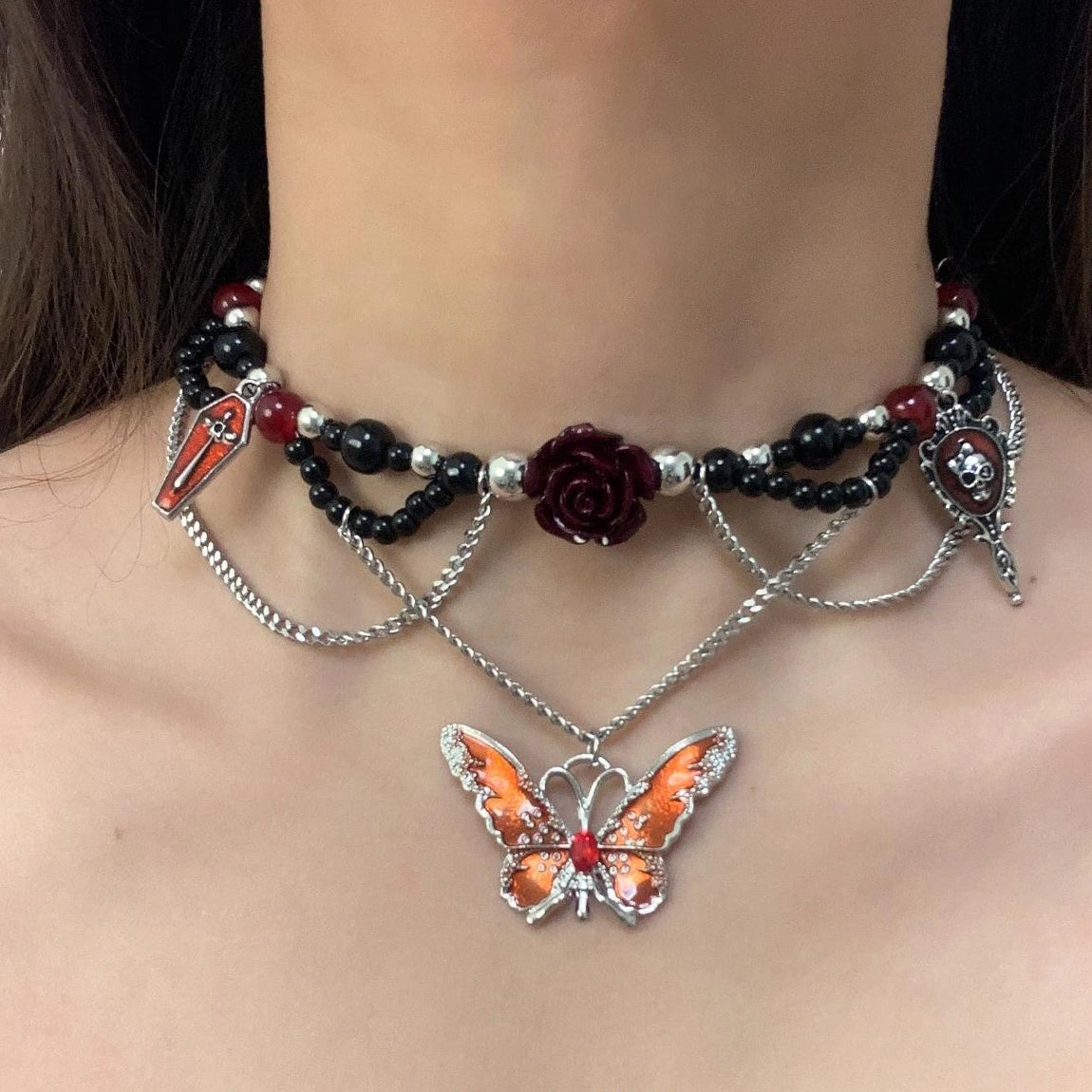Accessories Dark Butterfly Floral Beaded Gothic Choker Necklace