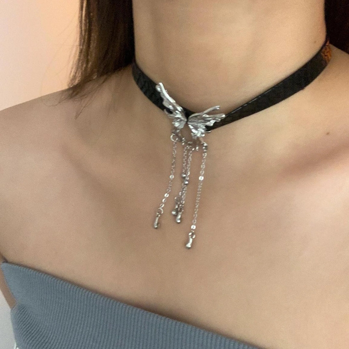 Accessories Dark Butterfly Fringe Leather Choker Necklace