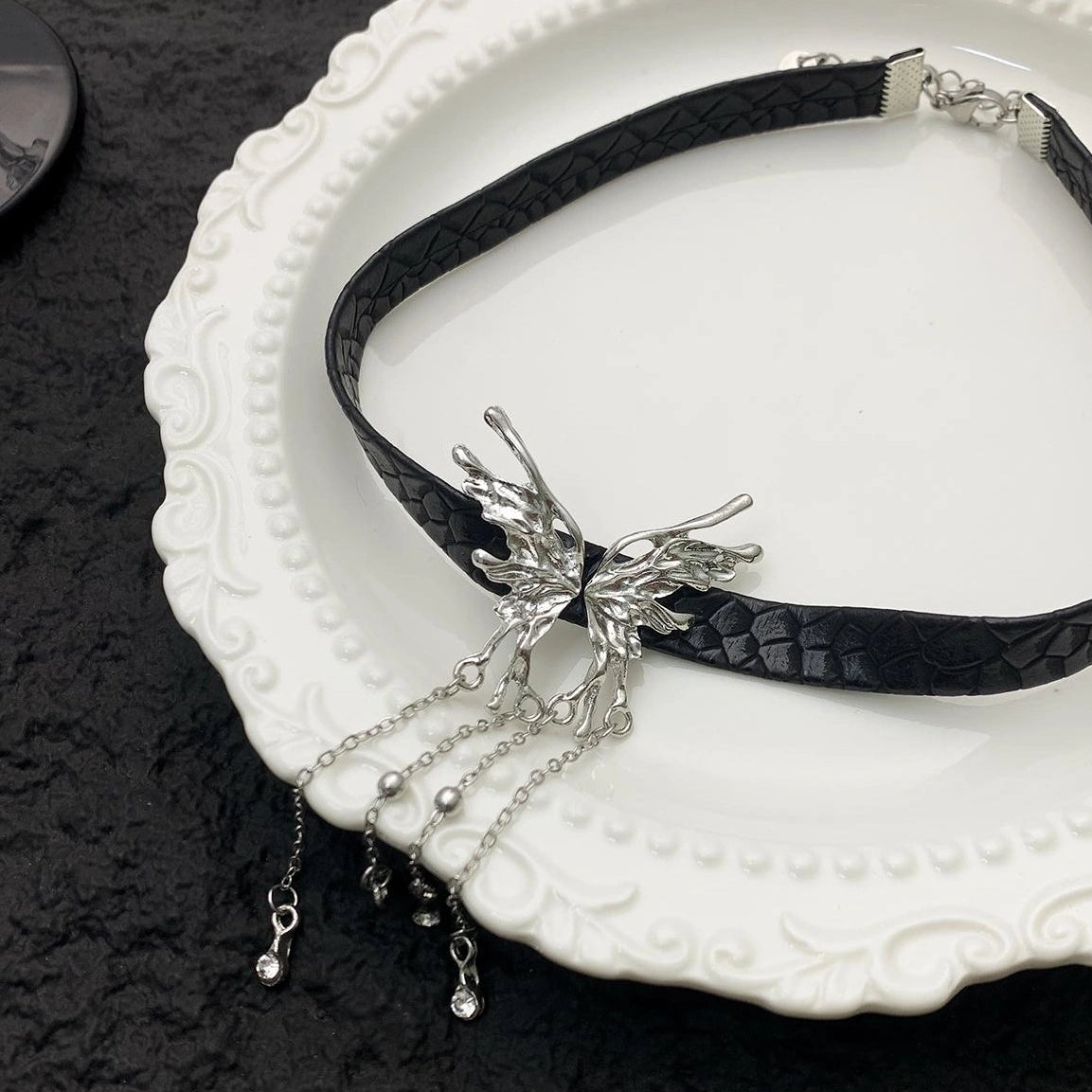 Accessories Dark Butterfly Fringe Leather Choker Necklace