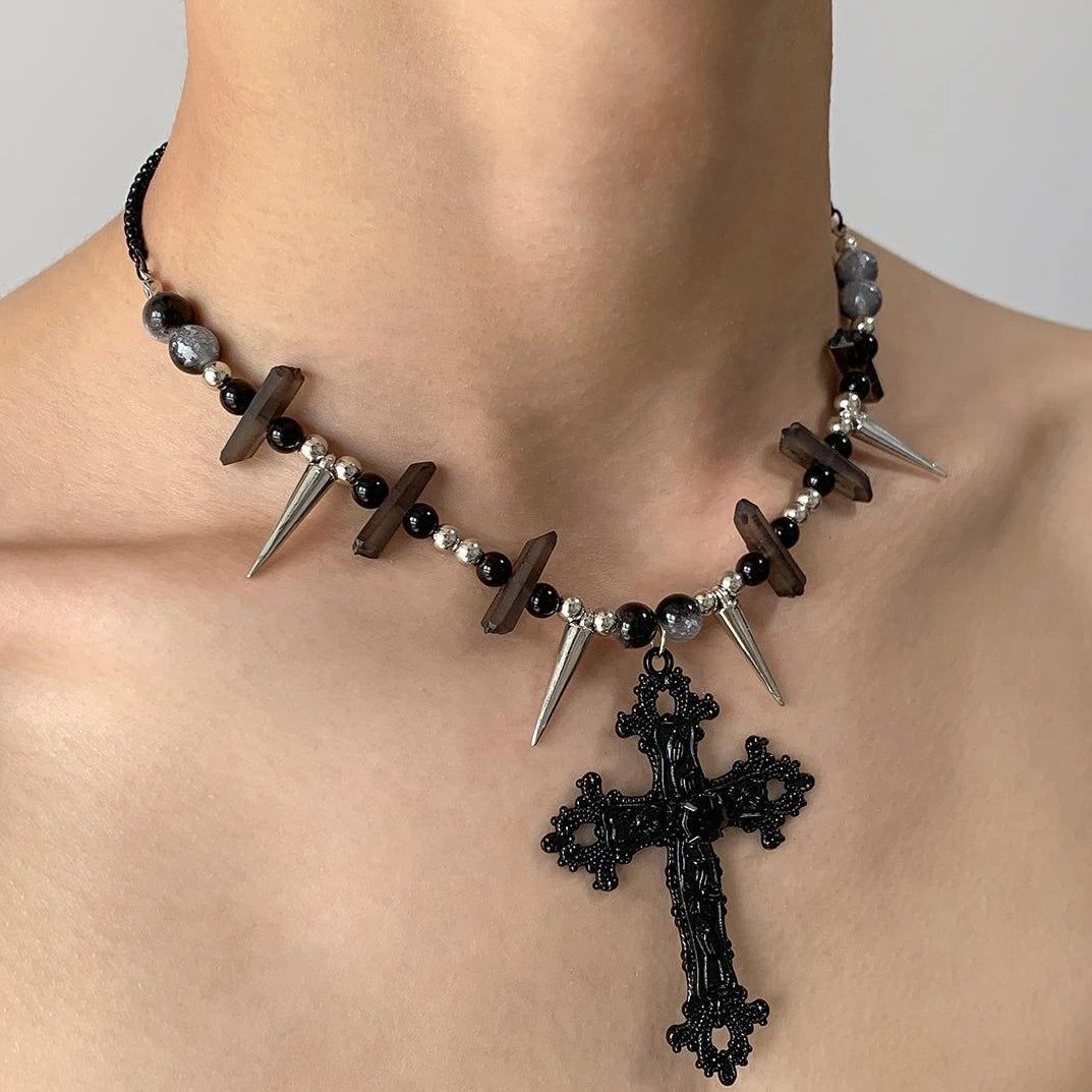 Accessories Dark Cross Punk Rivet Layered Necklace