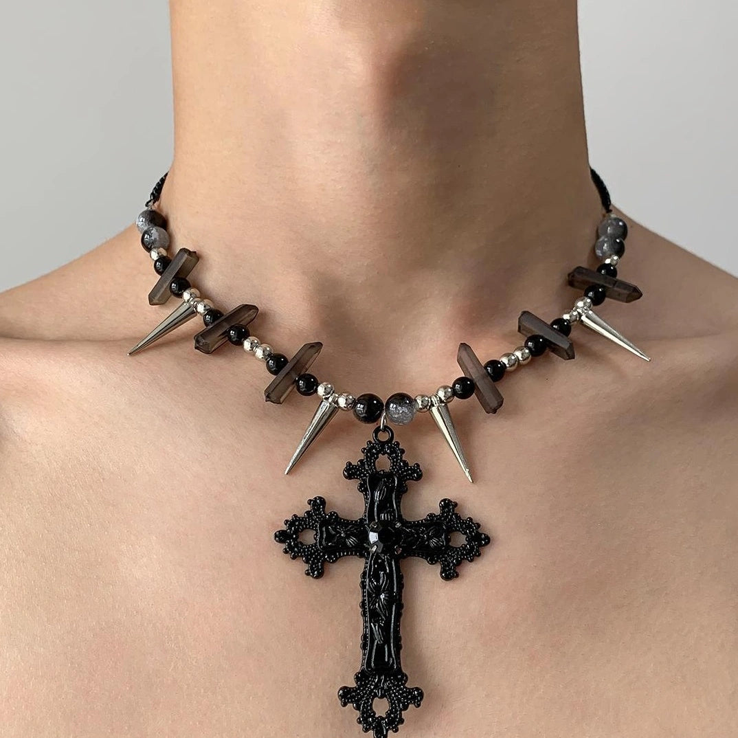 Accessories Dark Cross Punk Rivet Layered Necklace