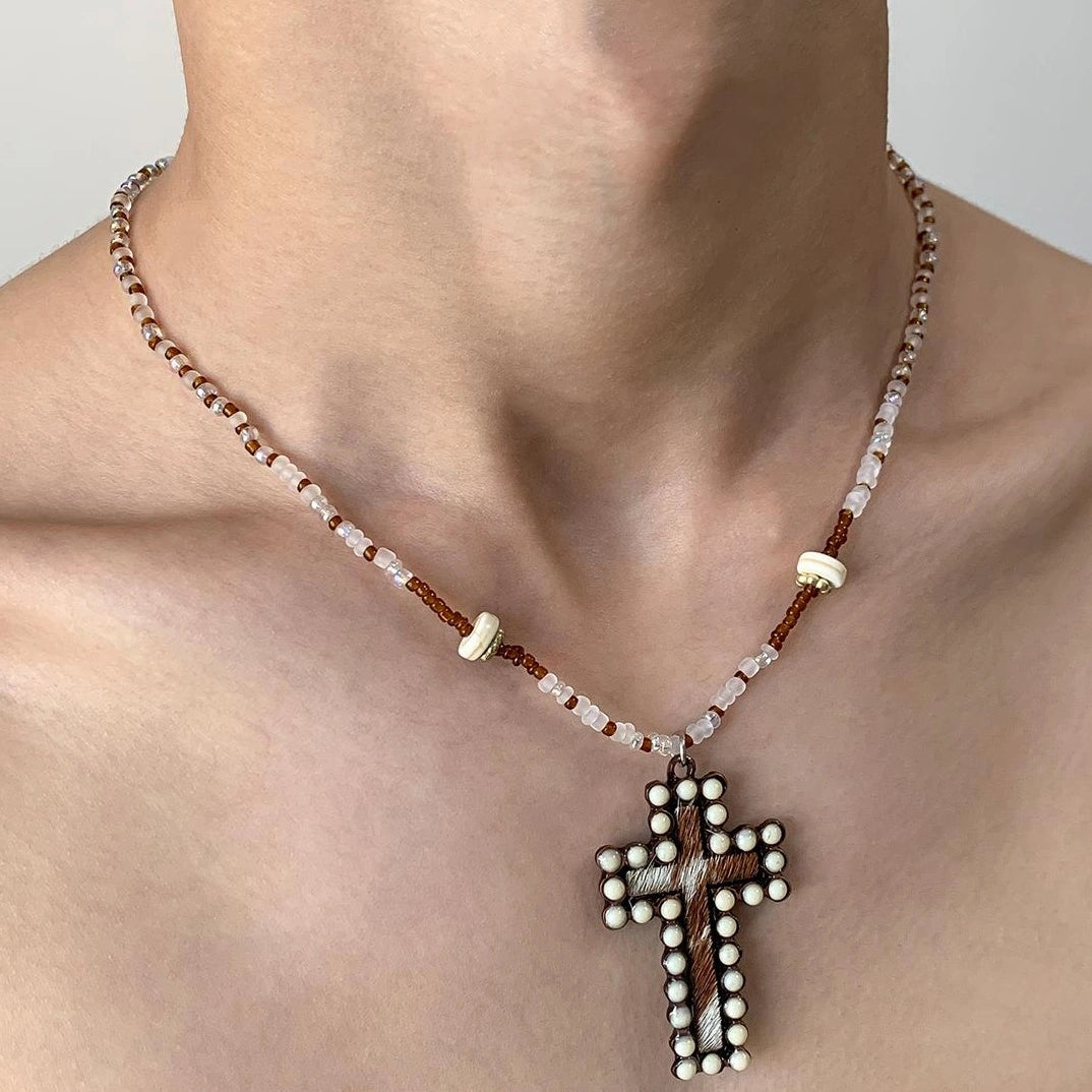 Accessories Dark Crystal Cross Beaded Necklace