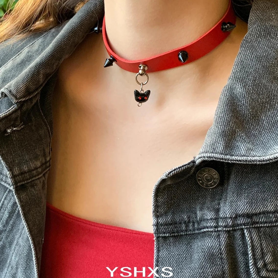 Accessories Dark Red Studded Kitten Choker