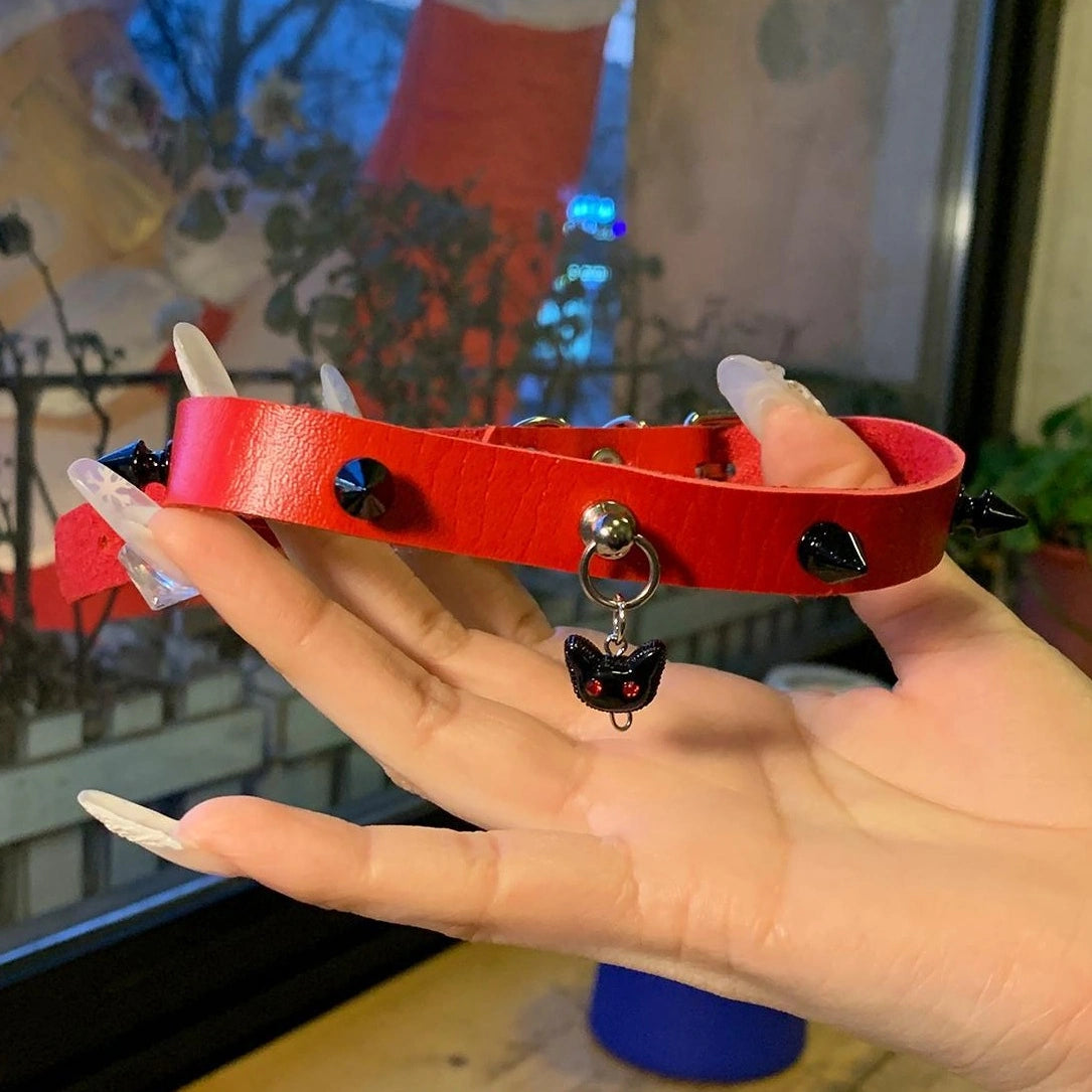 Accessories Dark Red Studded Kitten Choker