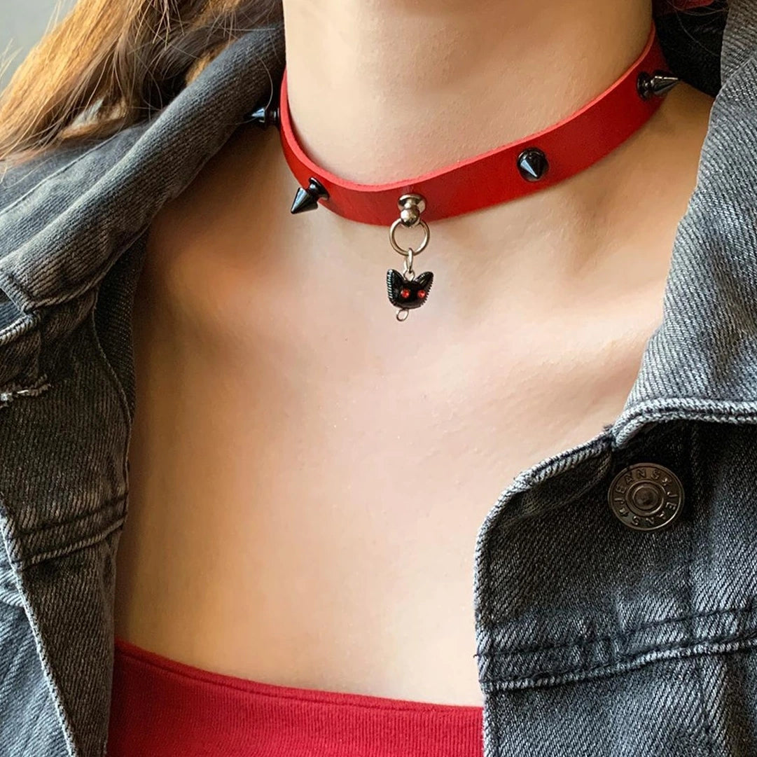 Accessories Dark Red Studded Kitten Choker