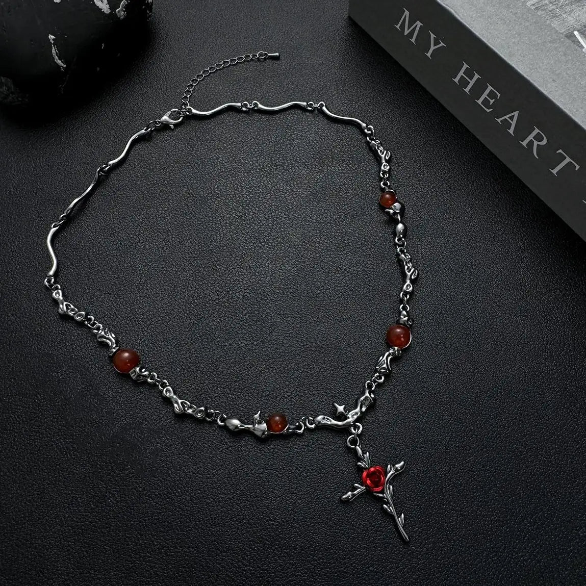 Accessories Dark Rose Cross Textured Gemstone Choker