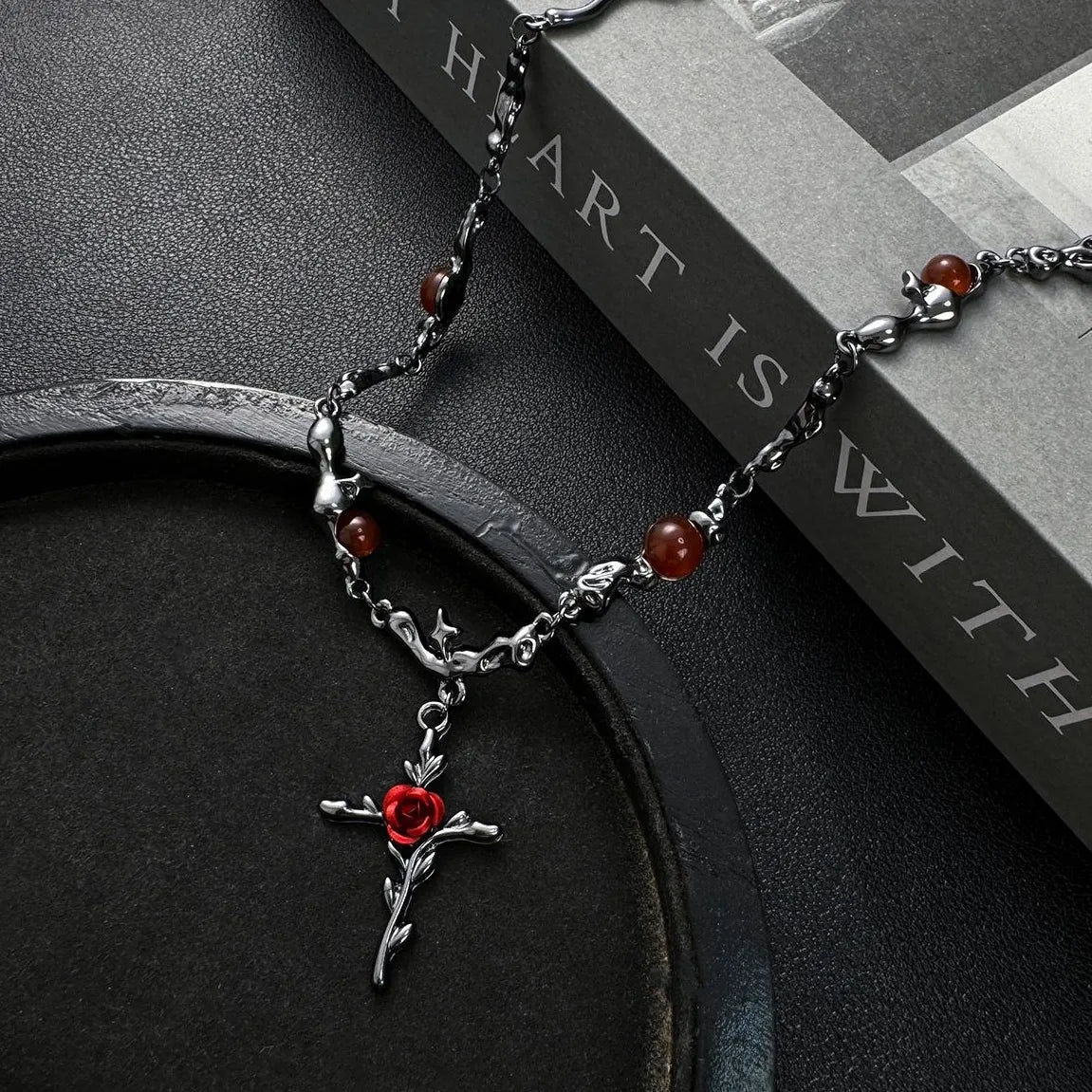 Accessories Dark Rose Cross Textured Gemstone Choker