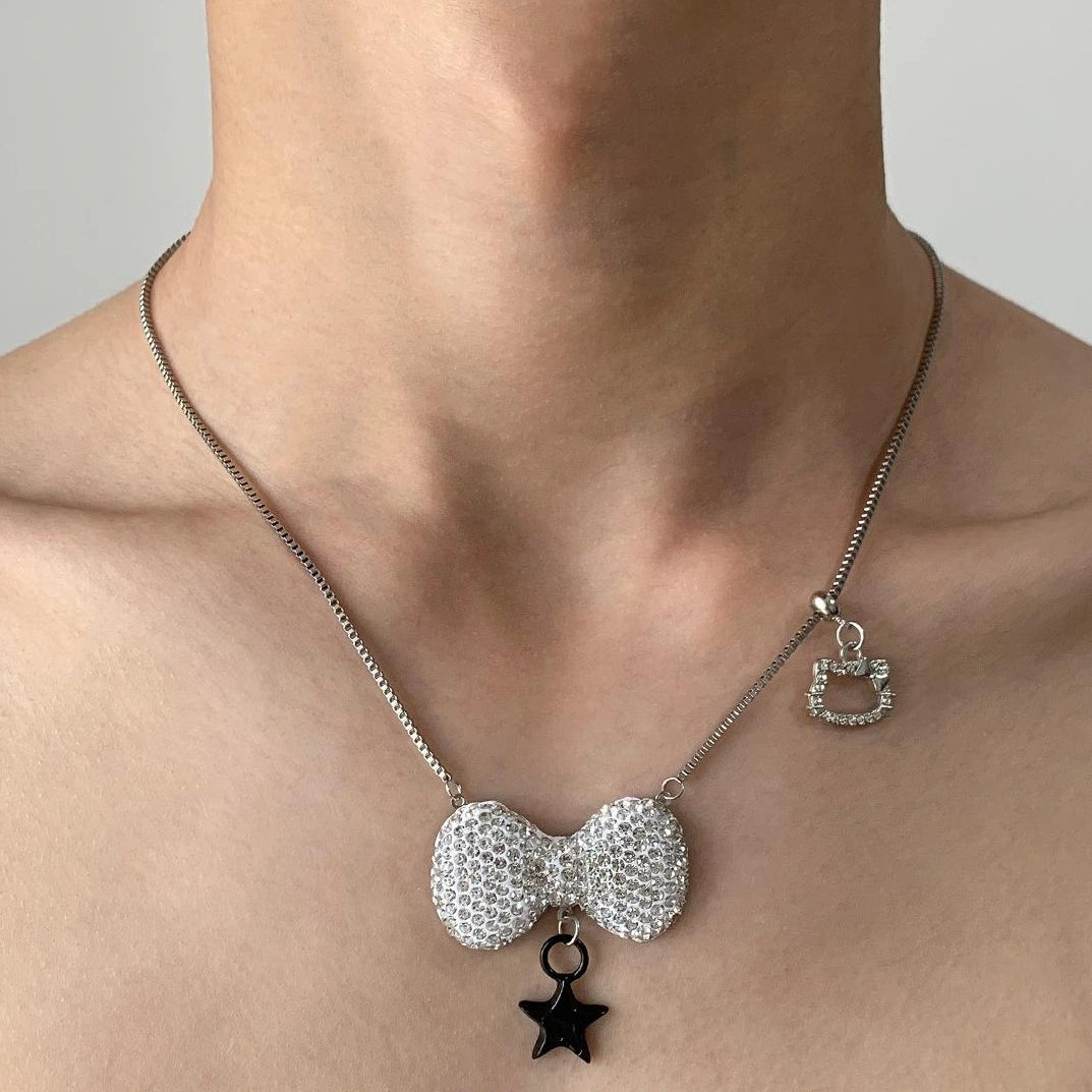 Accessories Delicate Star Pendant Necklace With Bow And Cat Charm