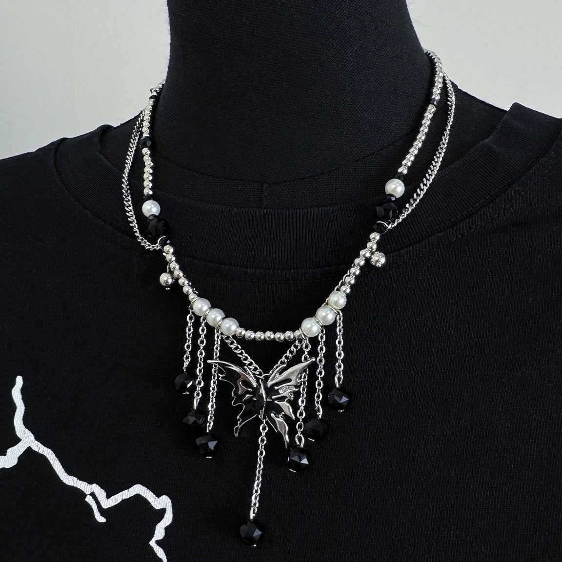 Accessories Double Layer Butterfly Fringe Pearl Chain Necklace