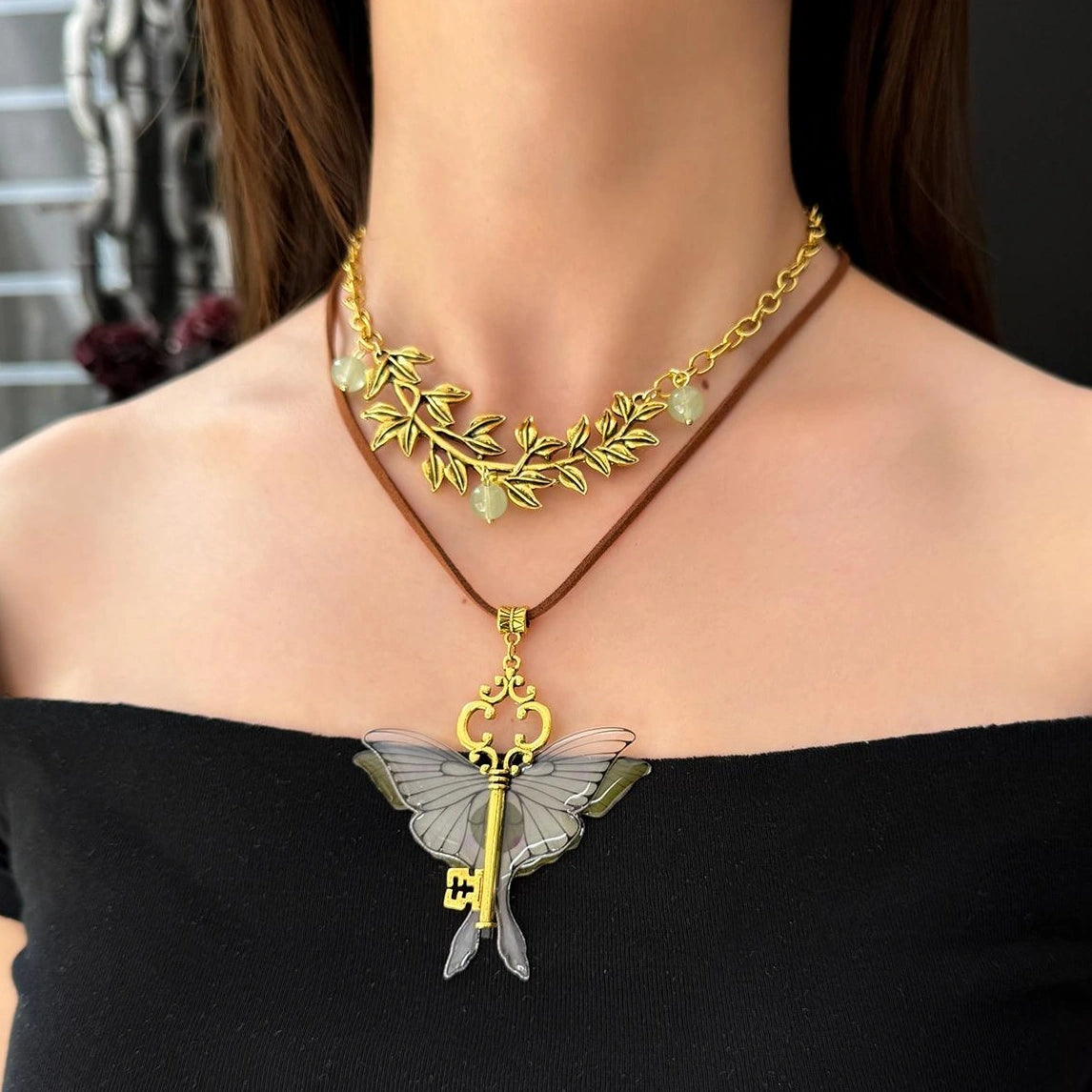 Accessories Double Layer Butterfly Pendant Necklace