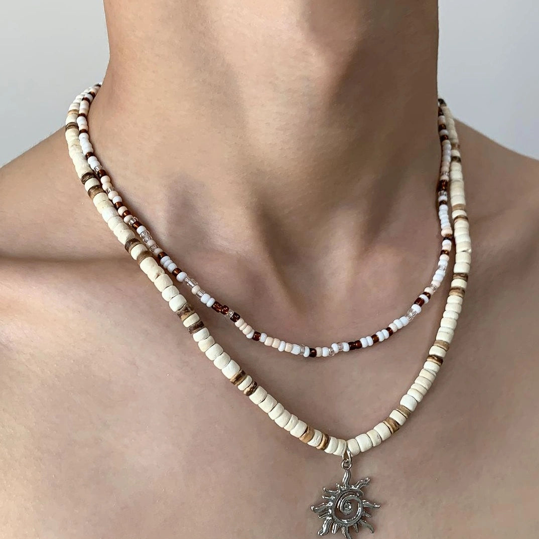 Accessories Double Layer Coconut Bead Necklace With Sun Pendant