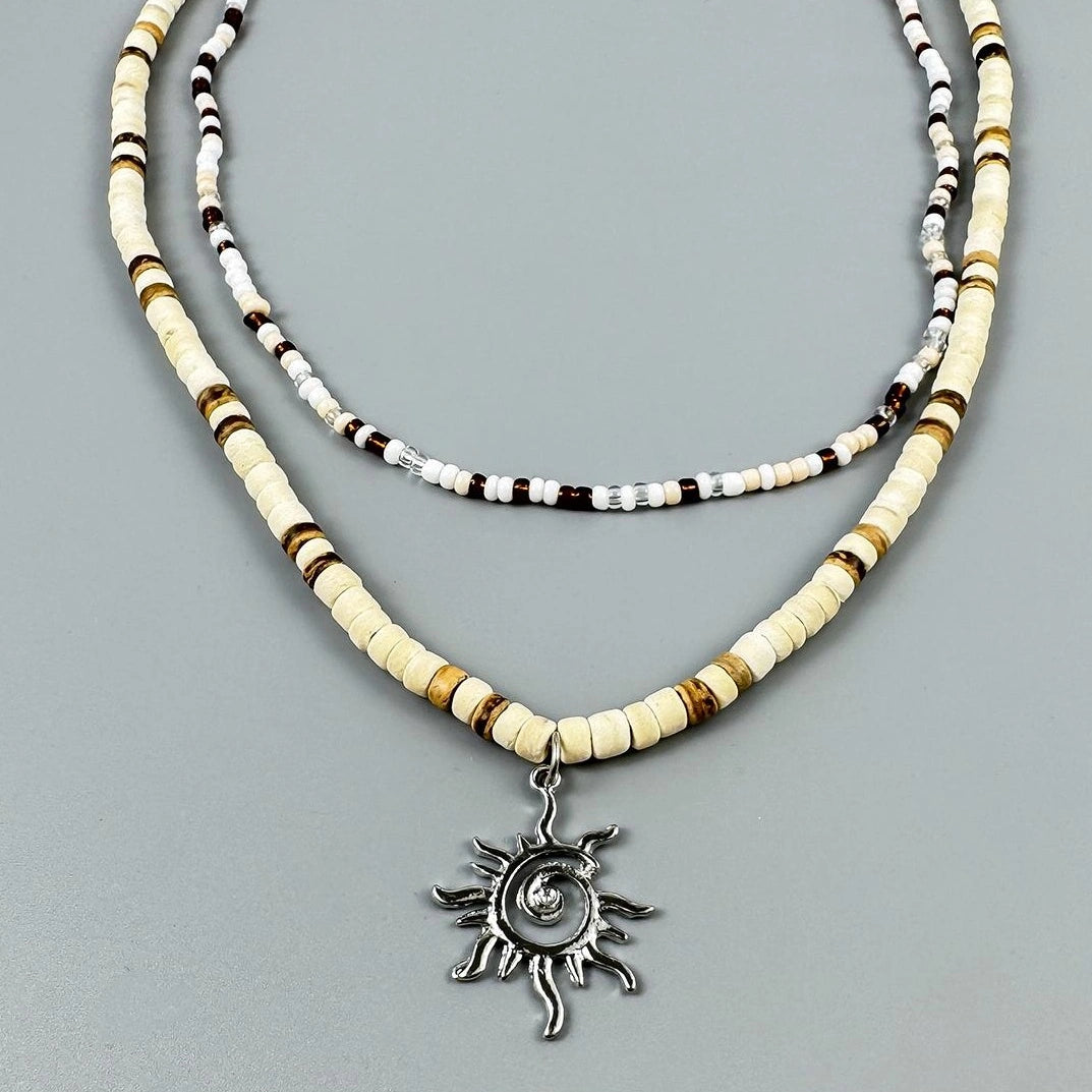 Accessories Double Layer Coconut Bead Necklace With Sun Pendant